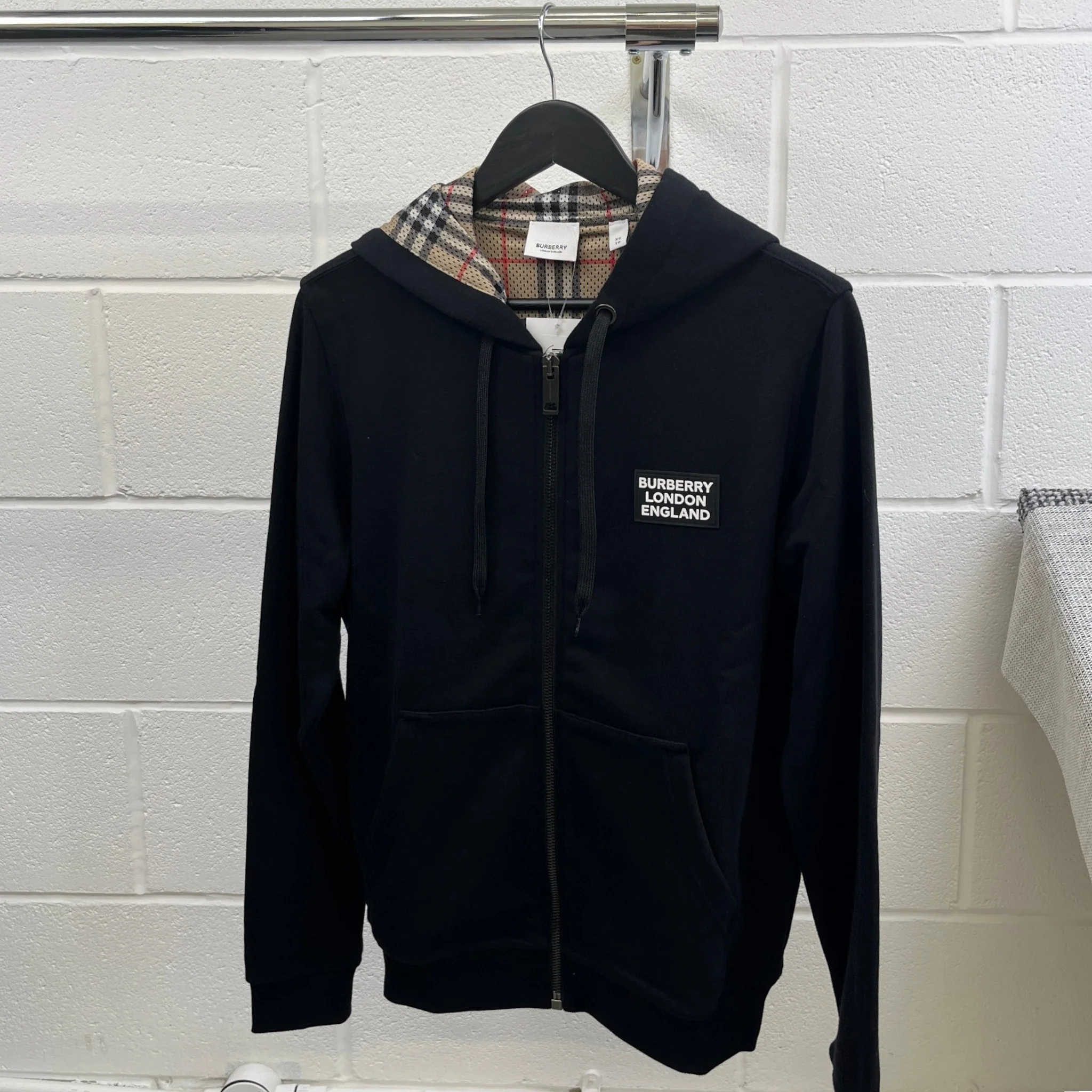 Men's Check Logo Print Hoodie Black Size XS - Image 12