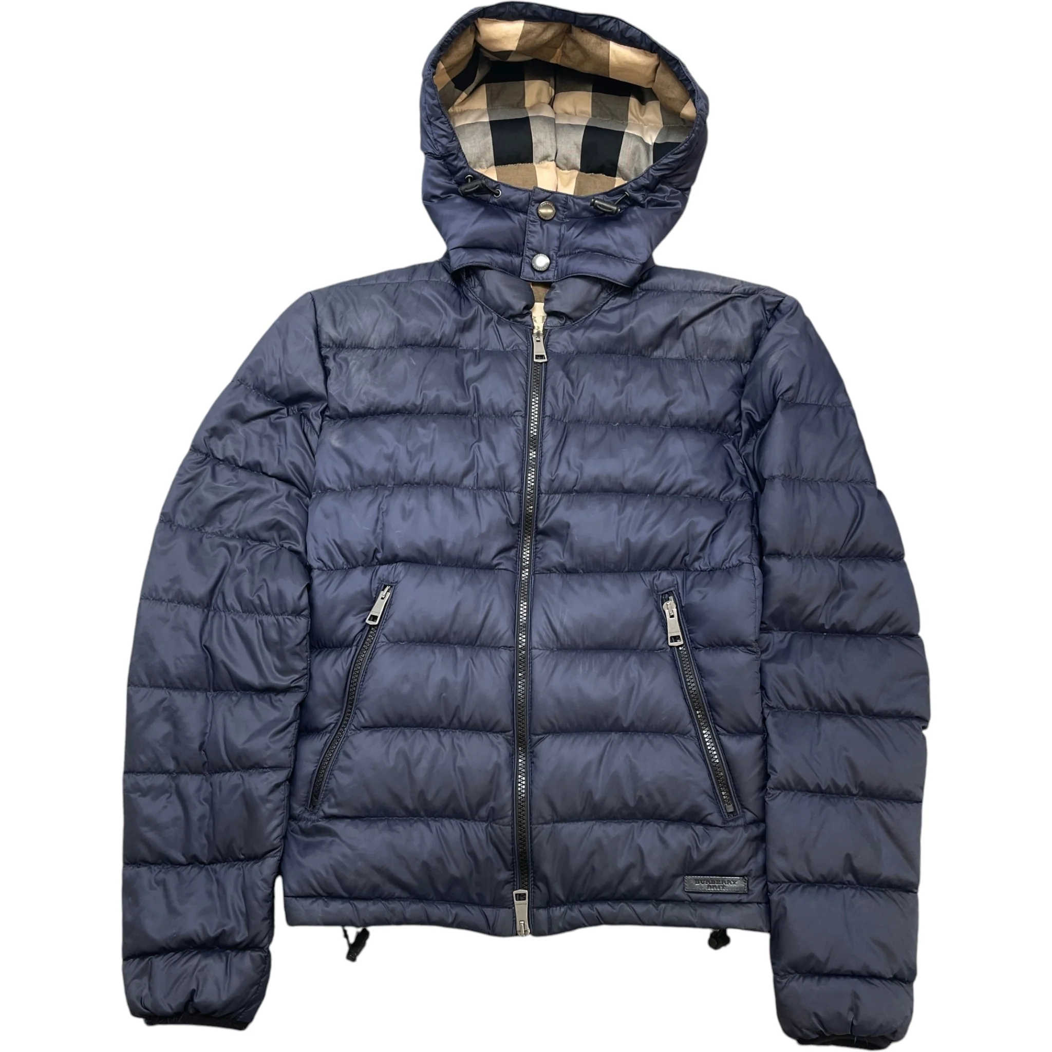 Men's Check Print Hood Down Jacket Navy Size S