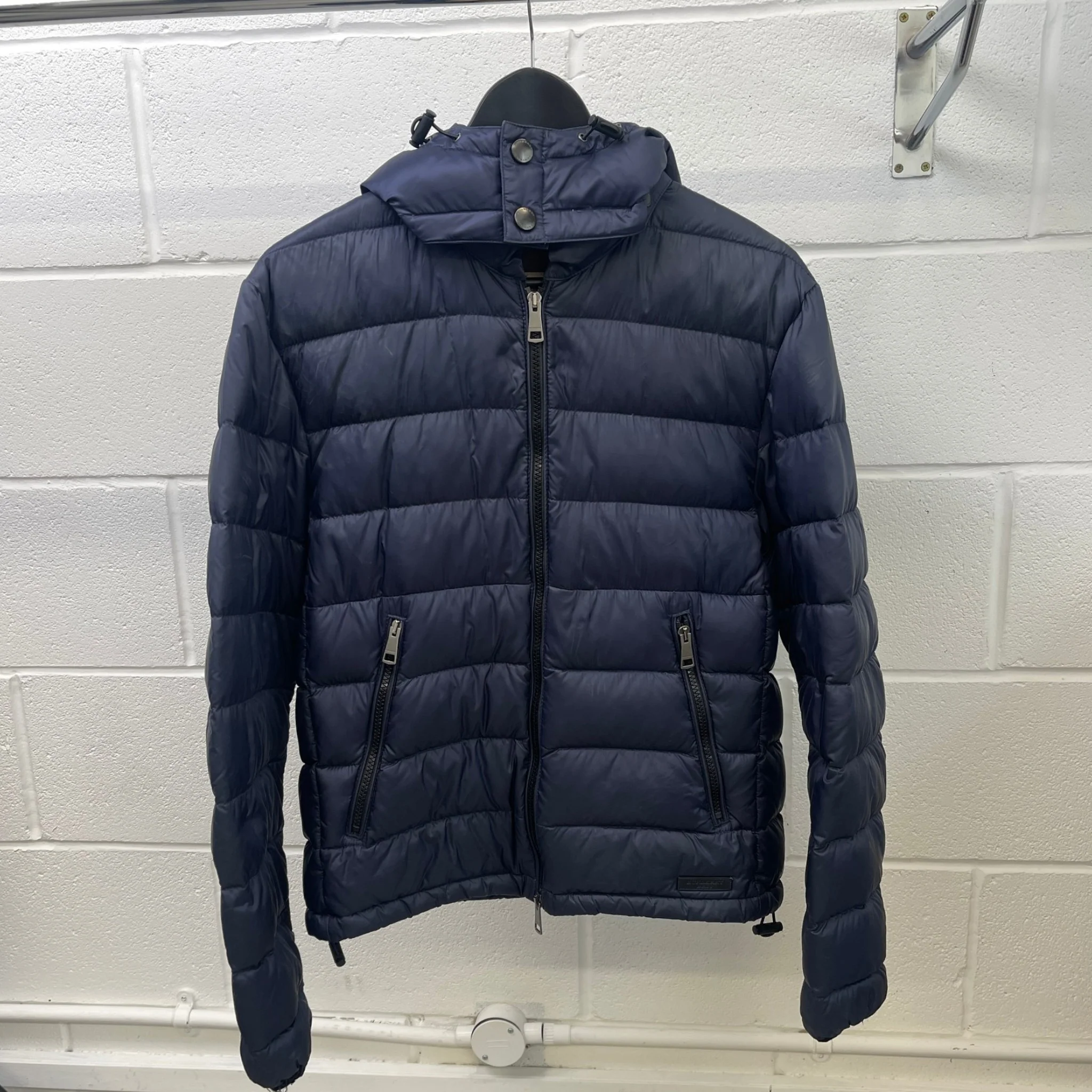 Men's Check Print Hood Down Jacket Navy Size S - Image 11