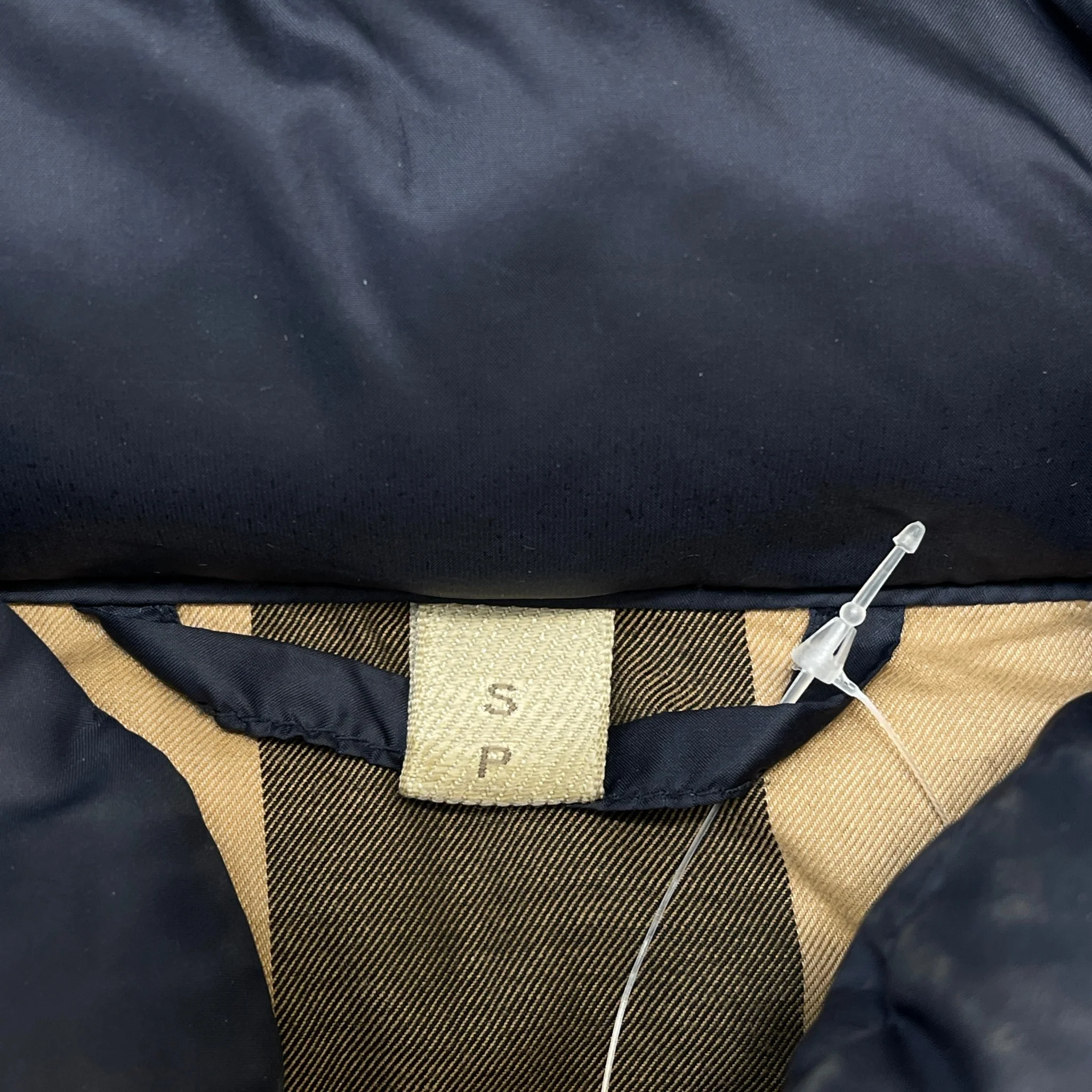 Men's Check Print Hood Down Jacket Navy Size S - Image 8