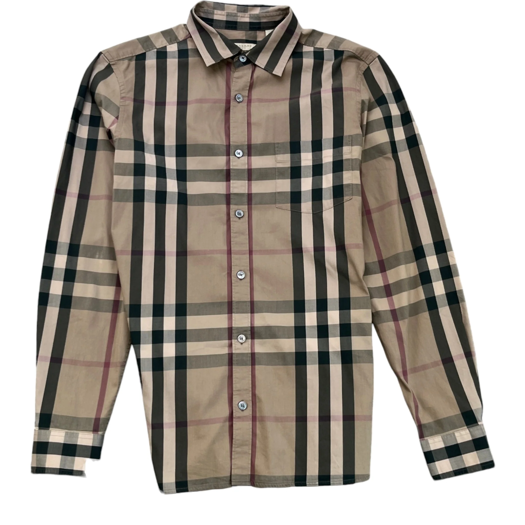 Men's Check Print Long Sleeve Shirt Beige Size S