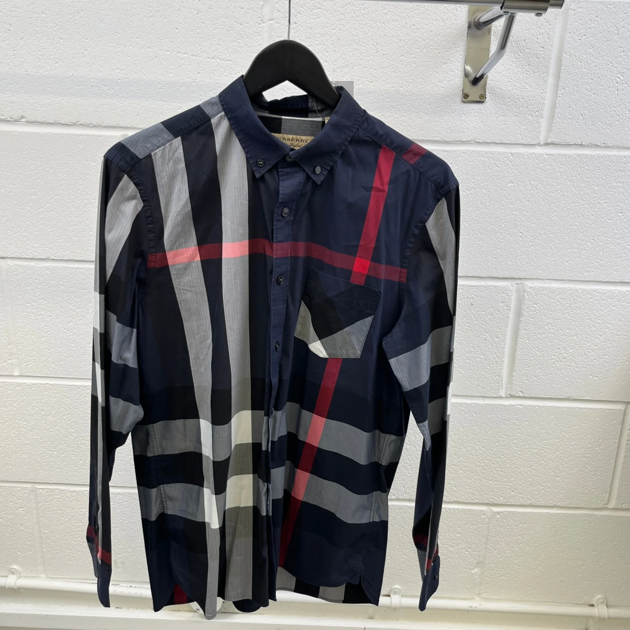 Men's Check Print Long Sleeve Shirt Navy Size L - Image 8