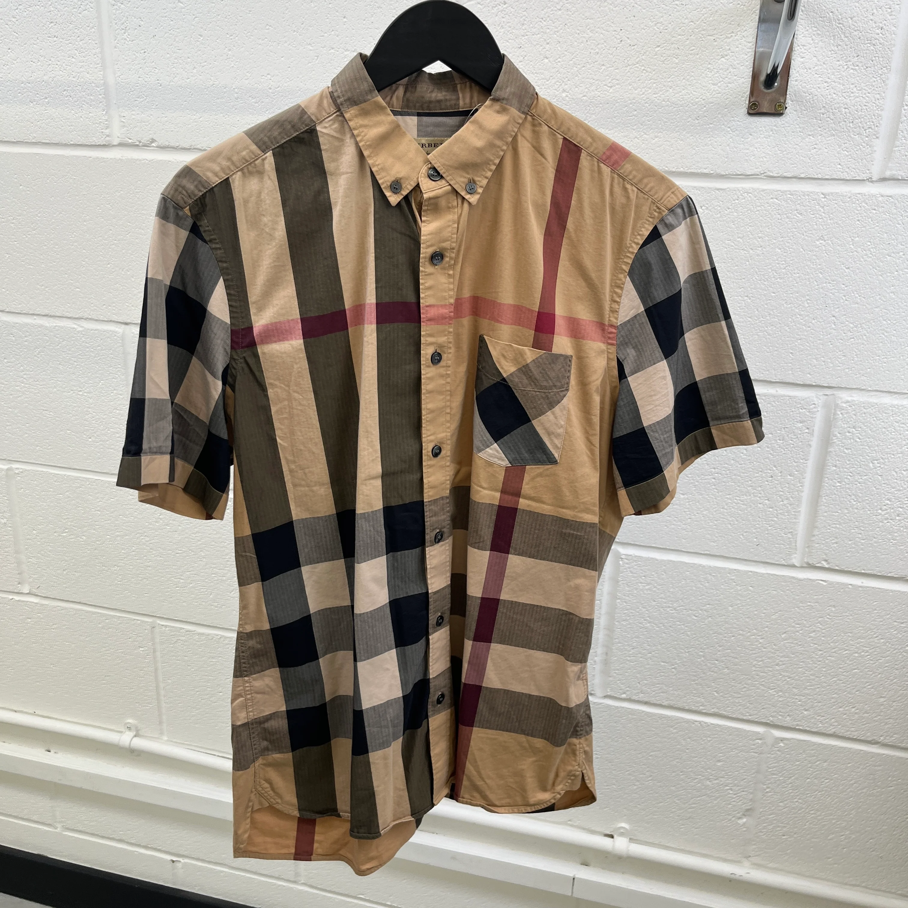 Men's Check Print Shirt Beige Size L - Image 8