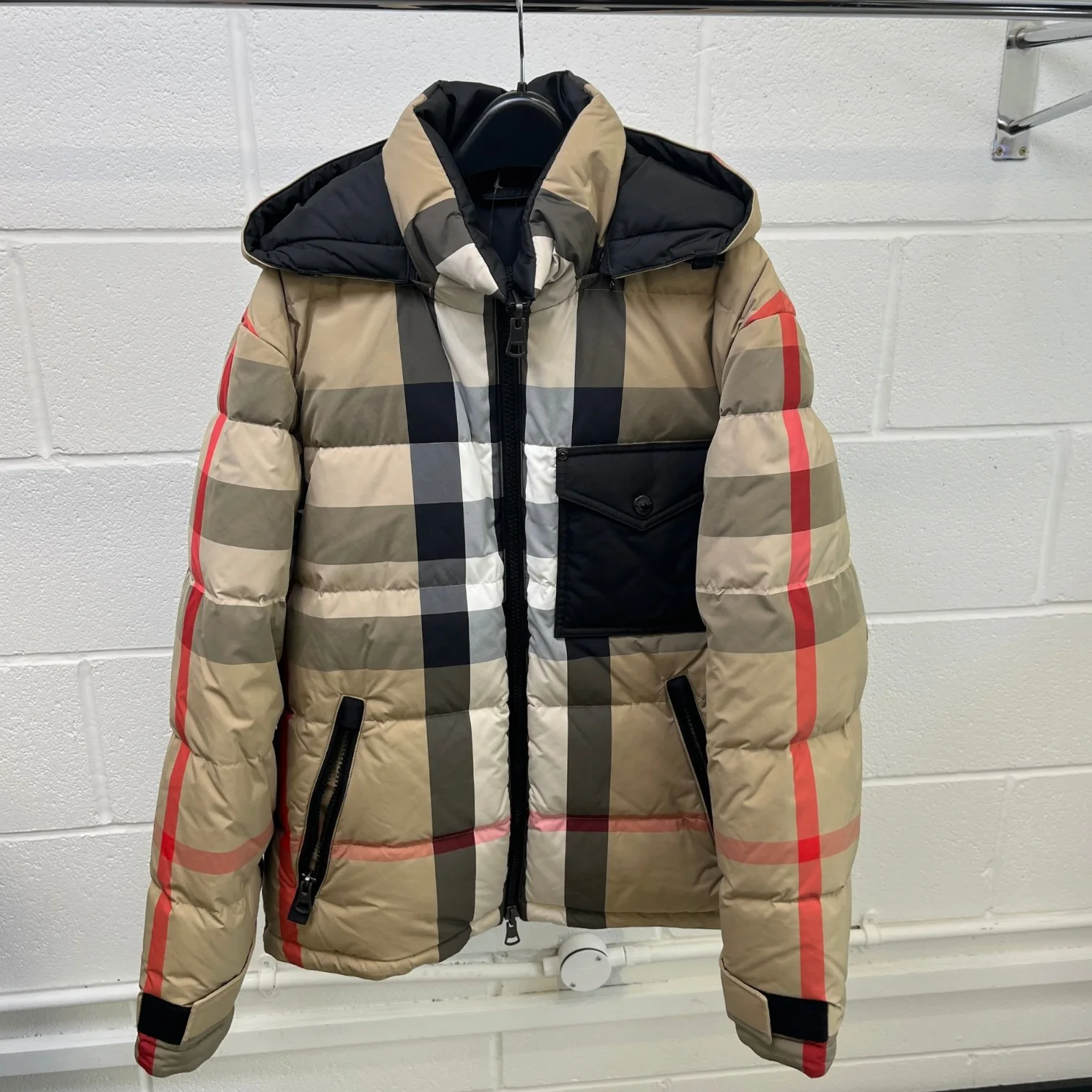 Men's Check Reversible Down Jacket Beige Size S - Image 13