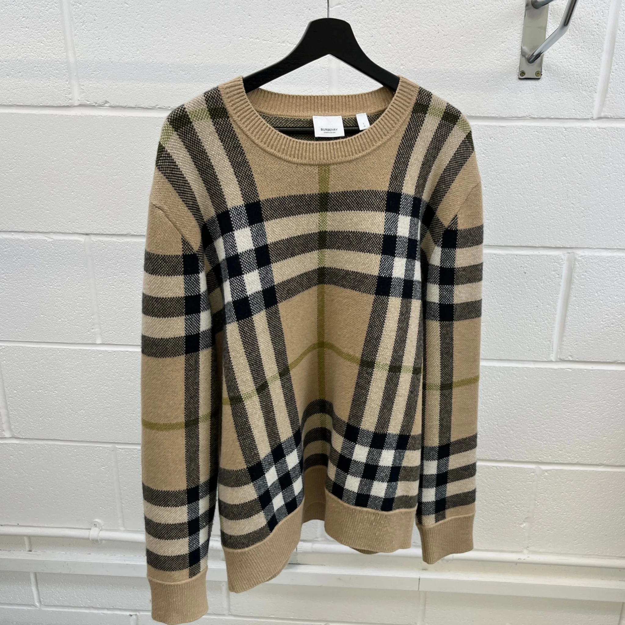 Men's Checkered Cashmere Jumper Beige Size L - Image 8