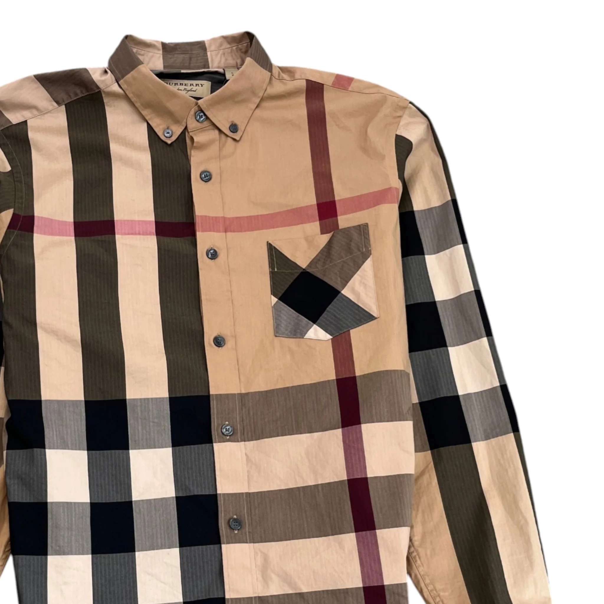 Men's Checkered Long Sleeve Shirt Beige Size L - Image 3