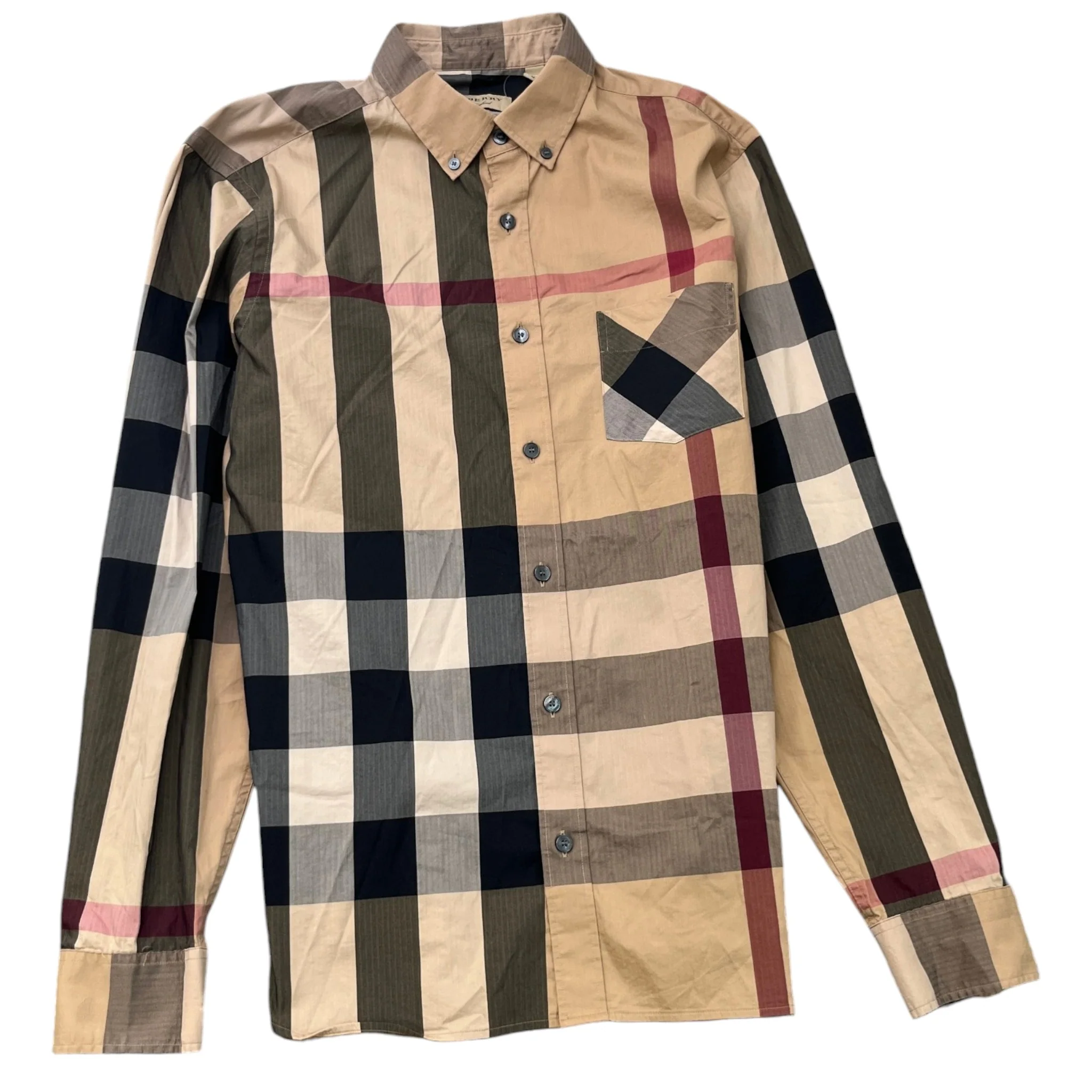 Men's Checkered Long Sleeve Shirt Beige Size M