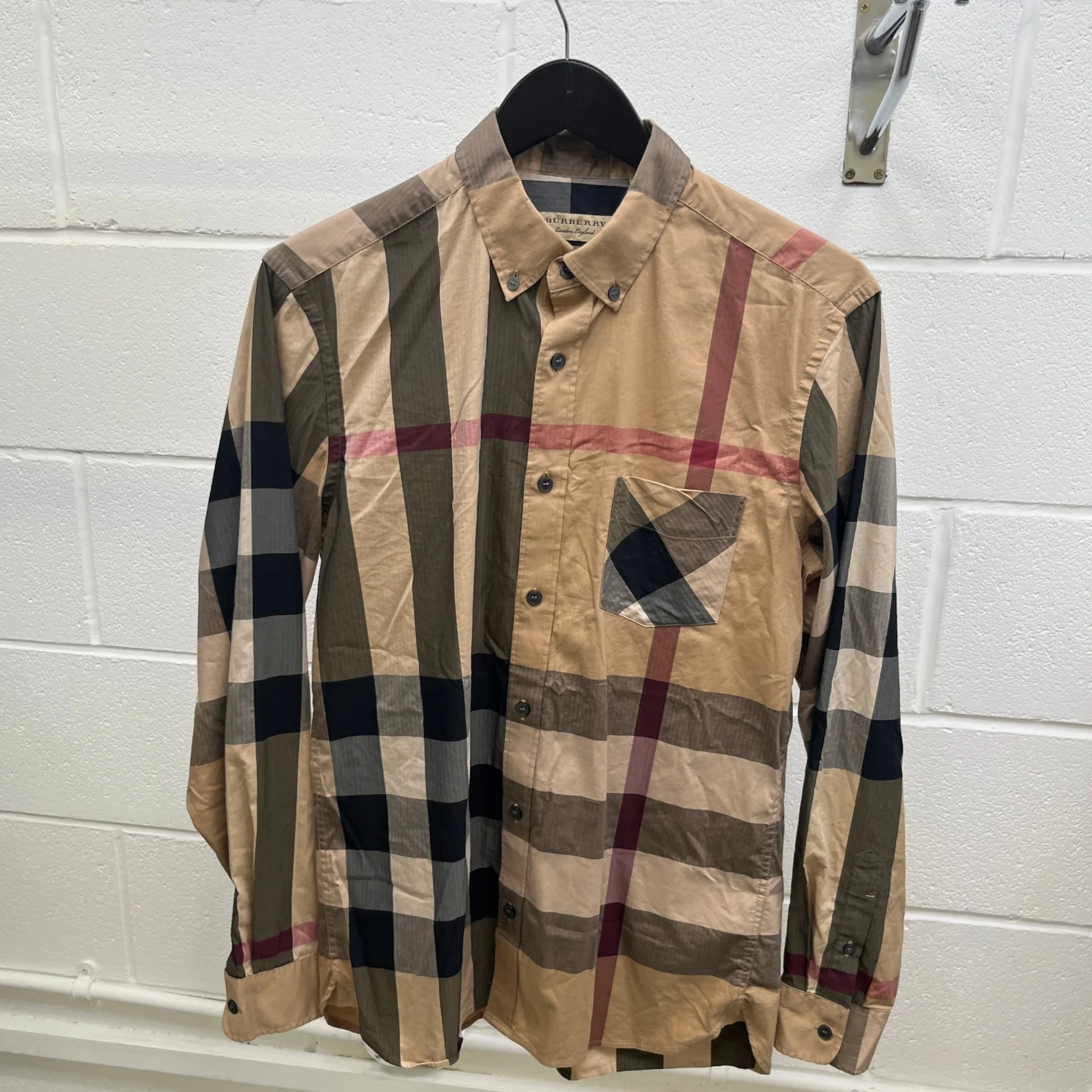 Men's Checkered Long Sleeve Shirt Beige Size M - Image 8