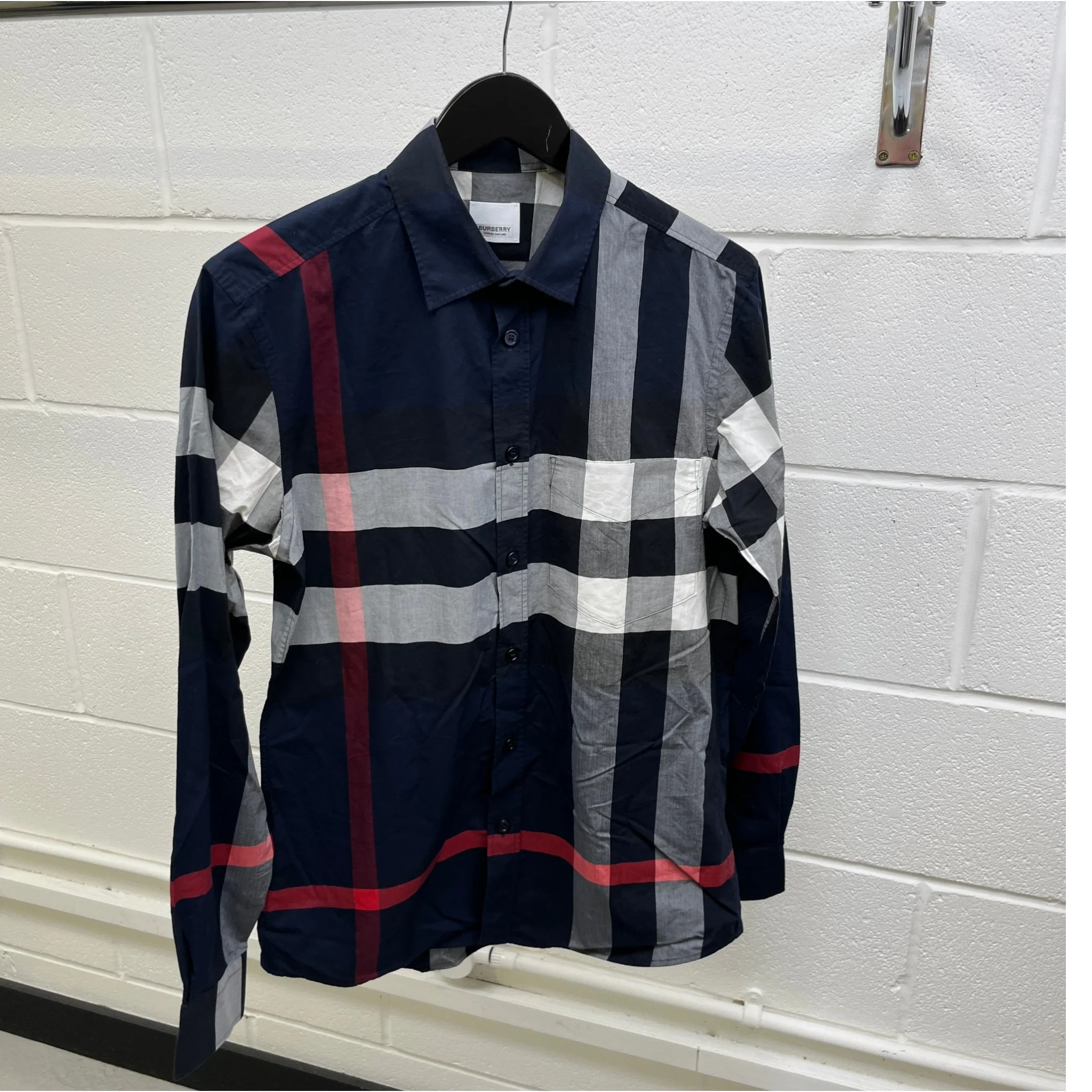 Men's Checkered Long Sleeve Shirt Navy Size S - Image 7