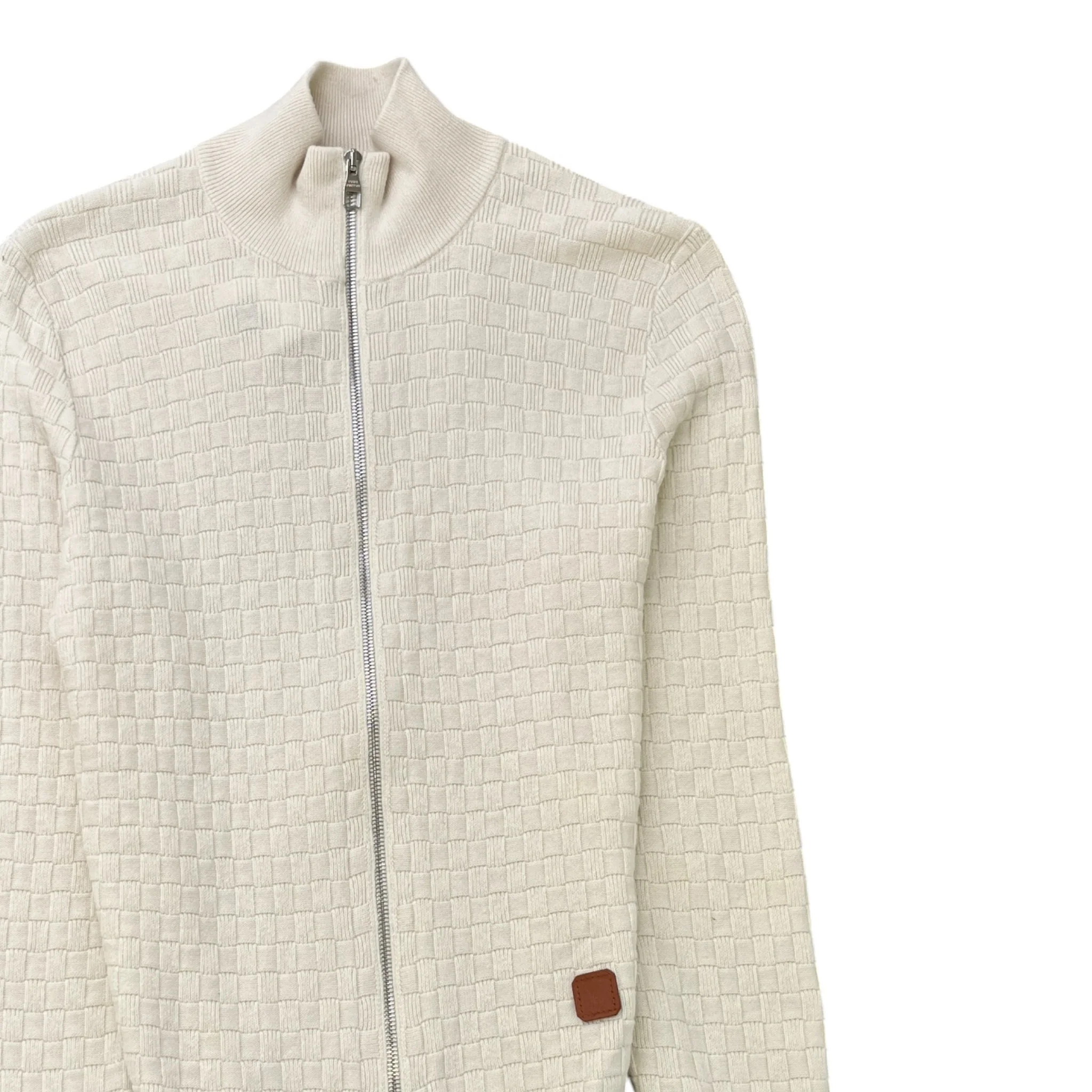 Men's Damier Zip-Up Cardigan Cream Size S - Image 3