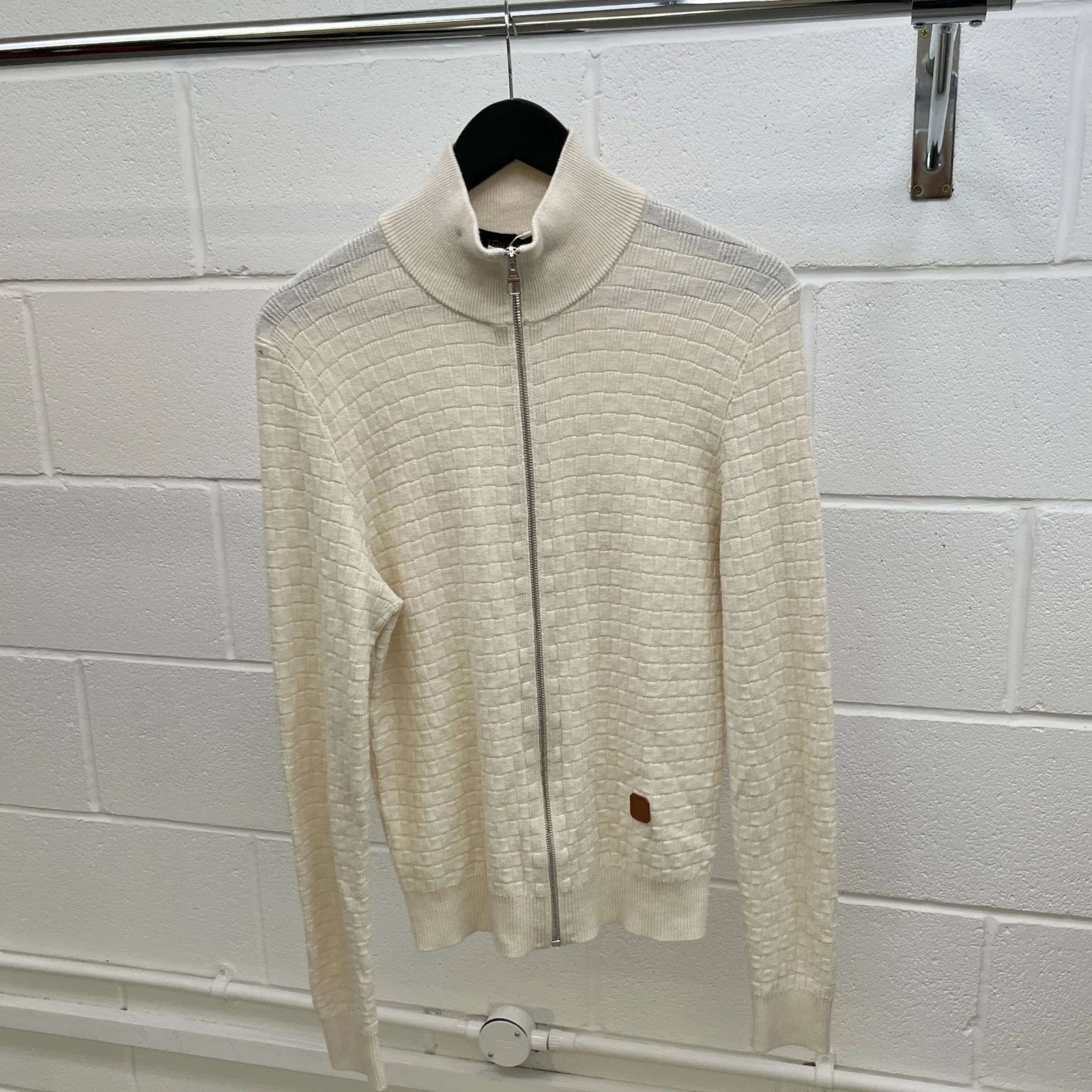 Men's Damier Zip-Up Cardigan Cream Size S - Image 9