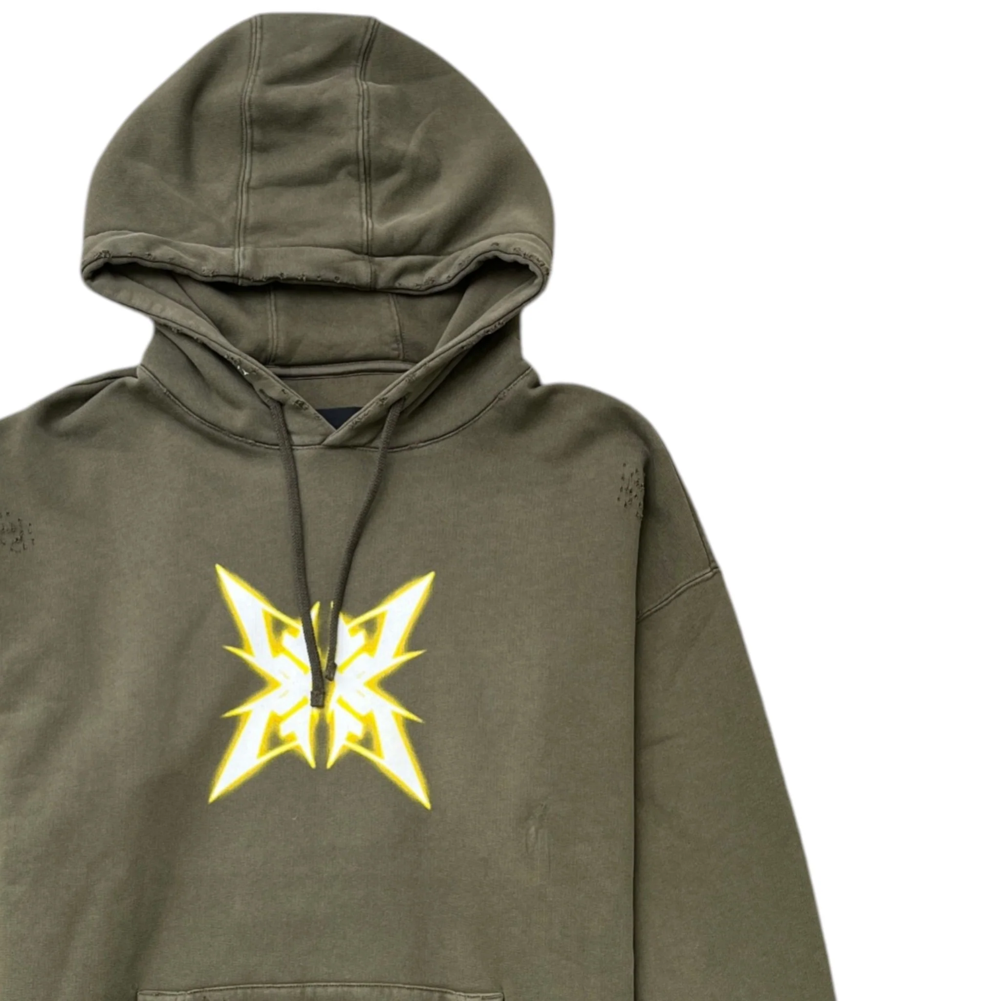 Men's Distressed Logo Hoodie Khaki Size M - Image 3