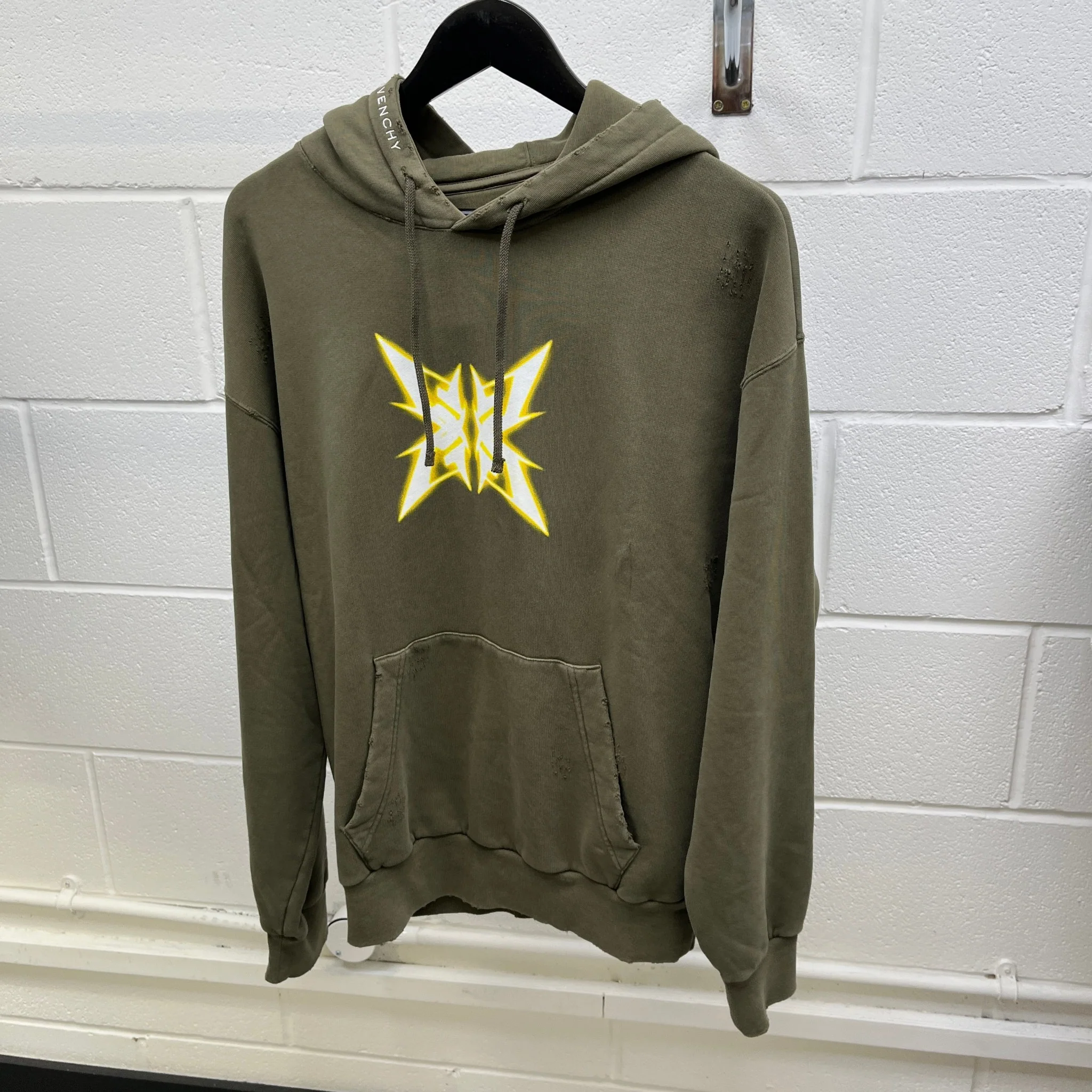 Men's Distressed Logo Hoodie Khaki Size M - Image 7
