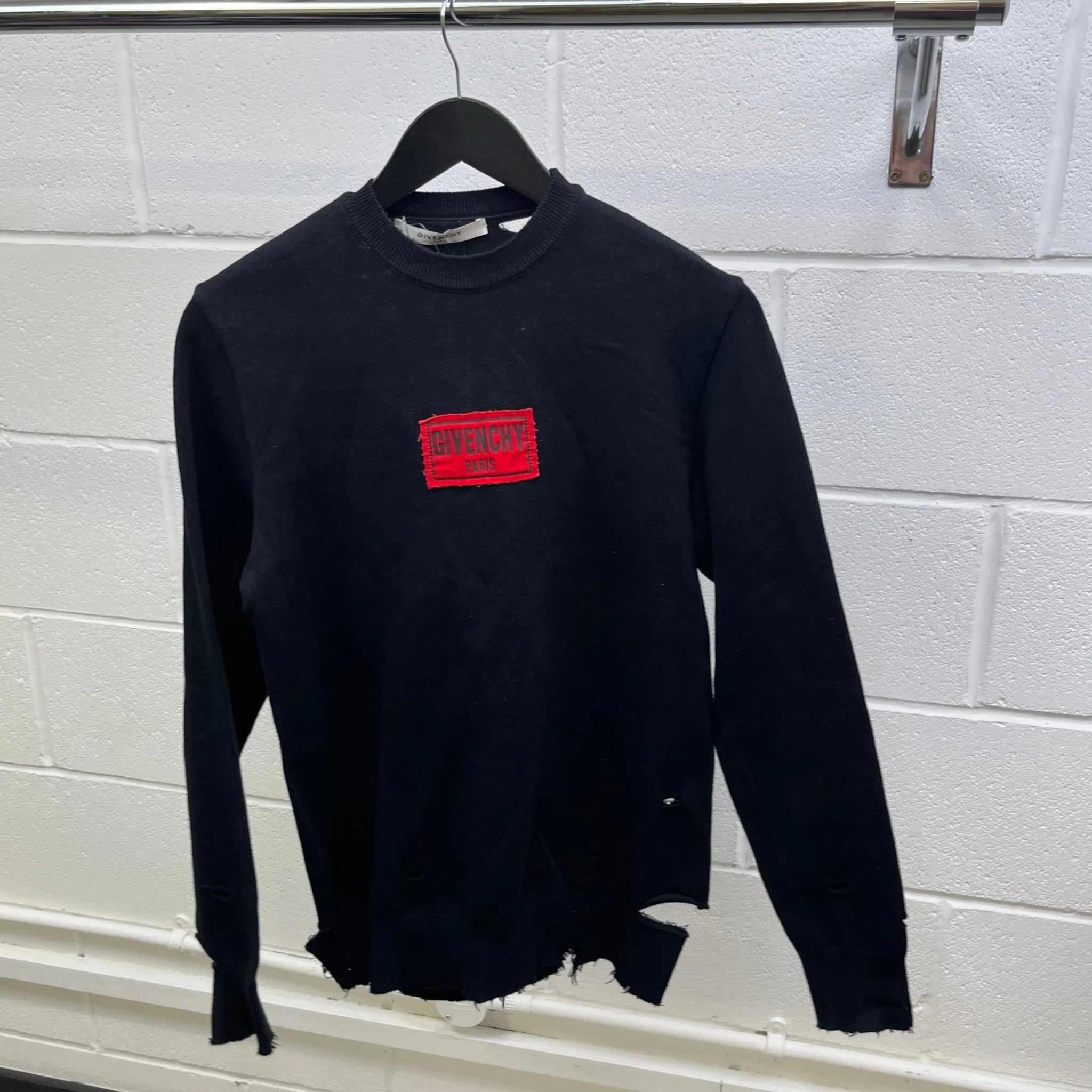 Men's Distressed Logo Patch Jumper Black Size XS - Image 8