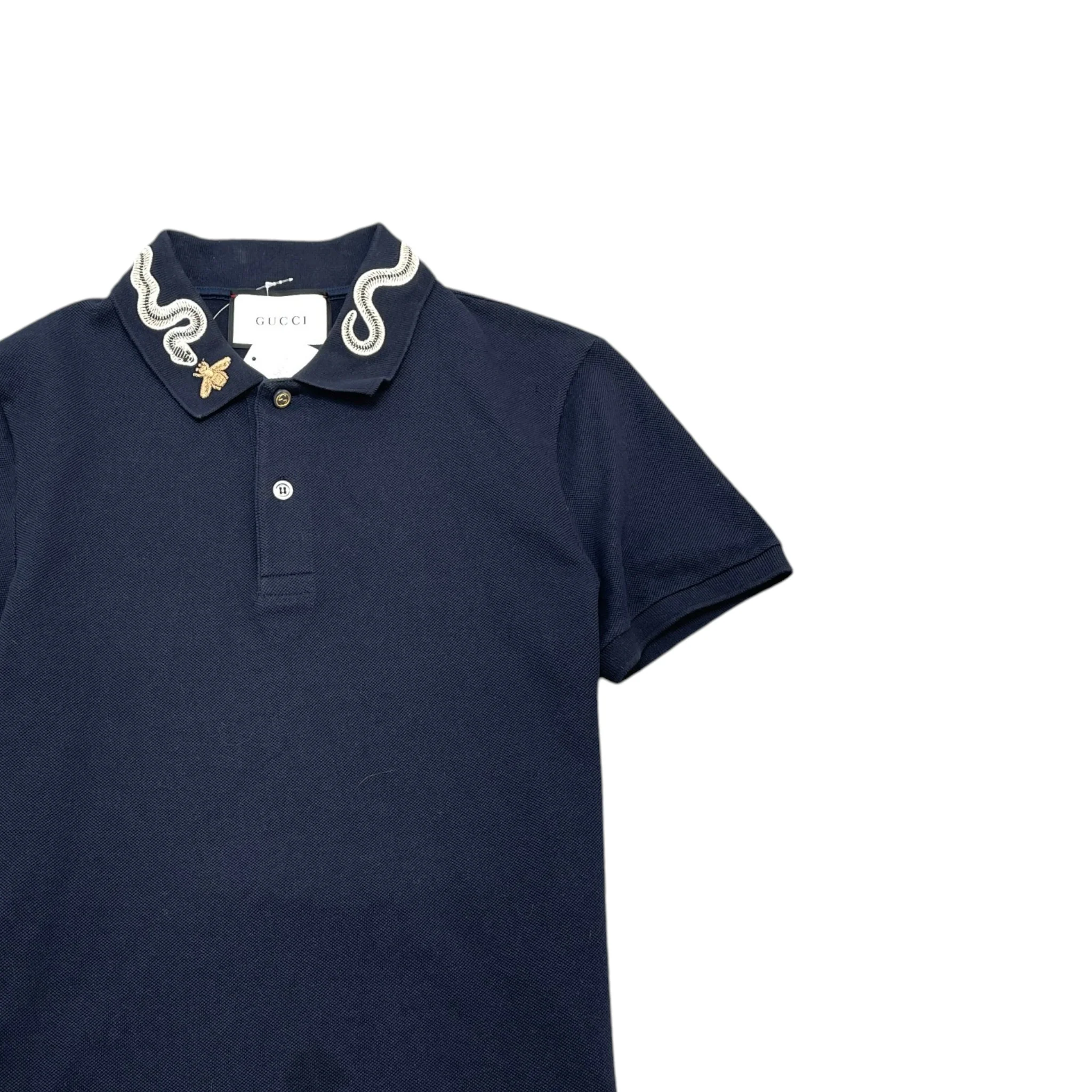 Men's Embroidered Collar Polo Shirt Navy Size M - Image 3