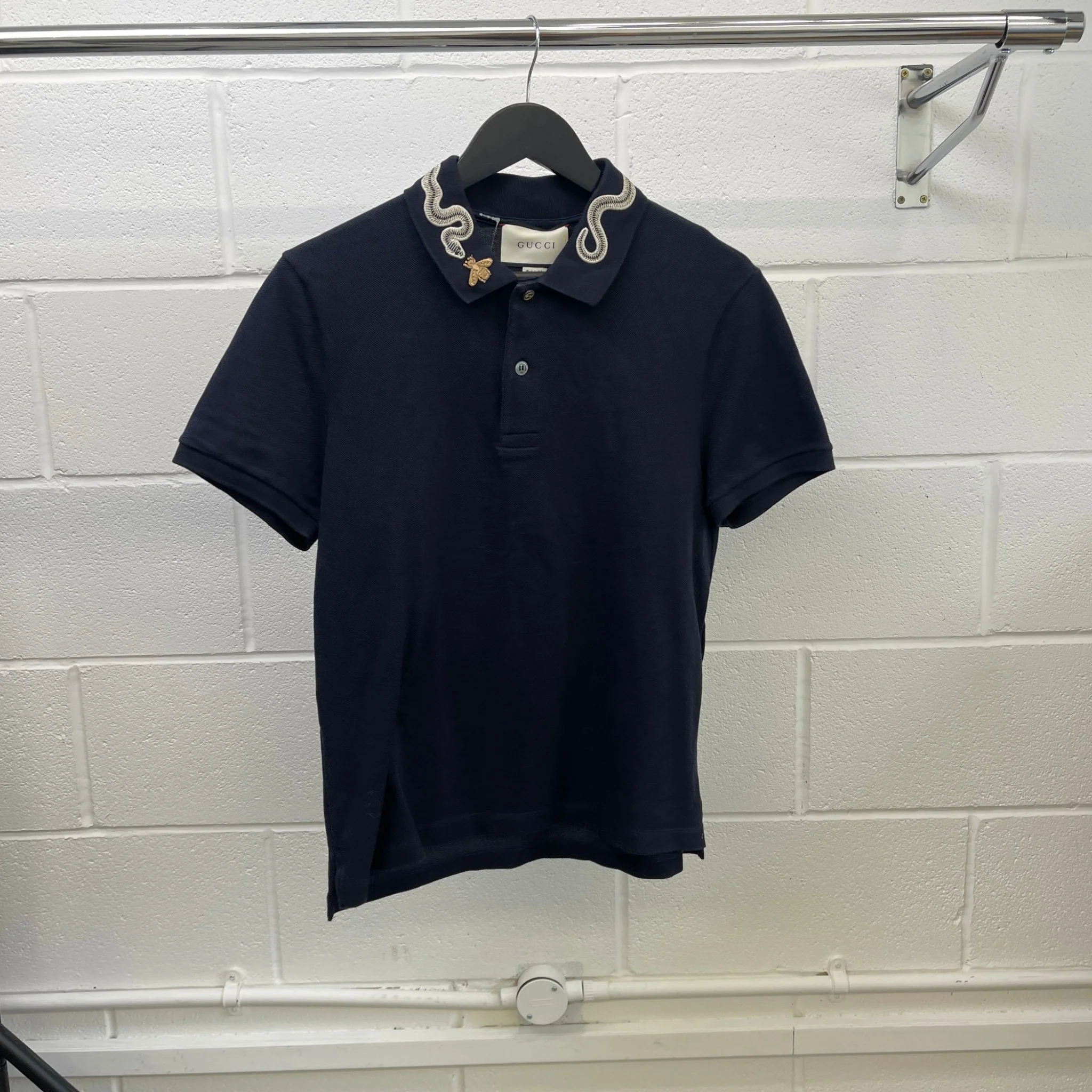 Men's Embroidered Collar Polo Shirt Navy Size M - Image 9