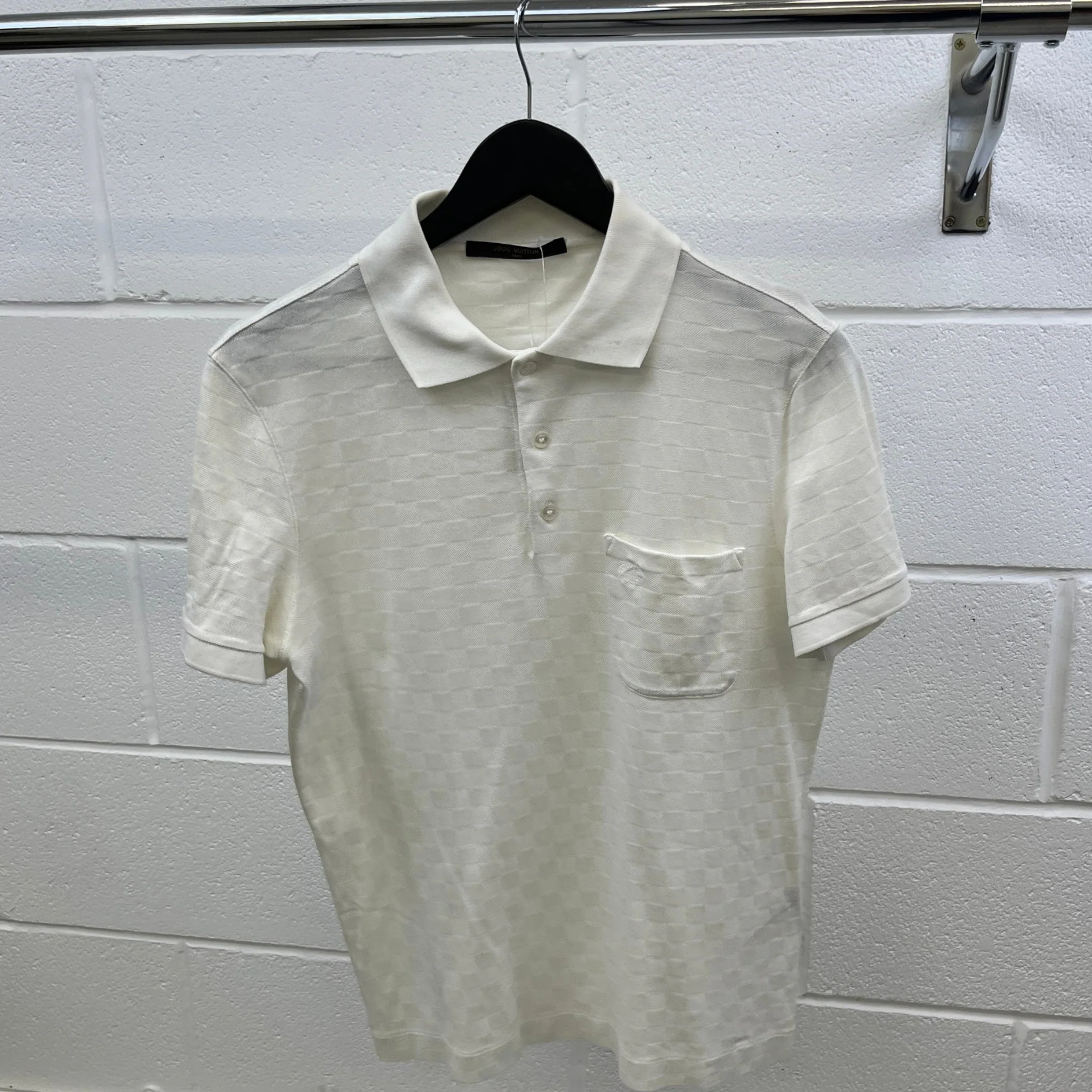 Men's Embroidered Damier Logo Polo Shirt White Size S - Image 8