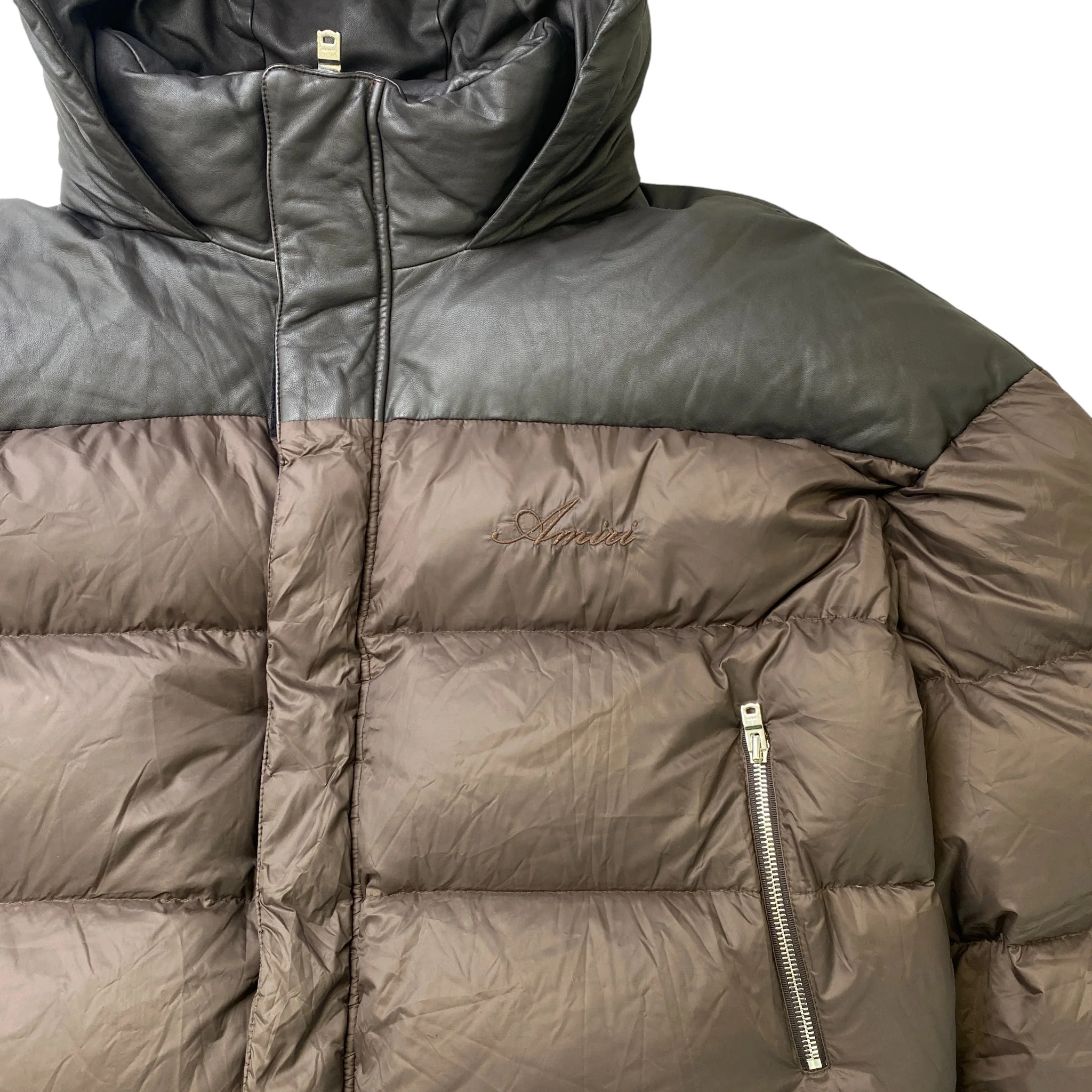 Men's Embroidered Logo Down Jacket Brown Size M - Image 6