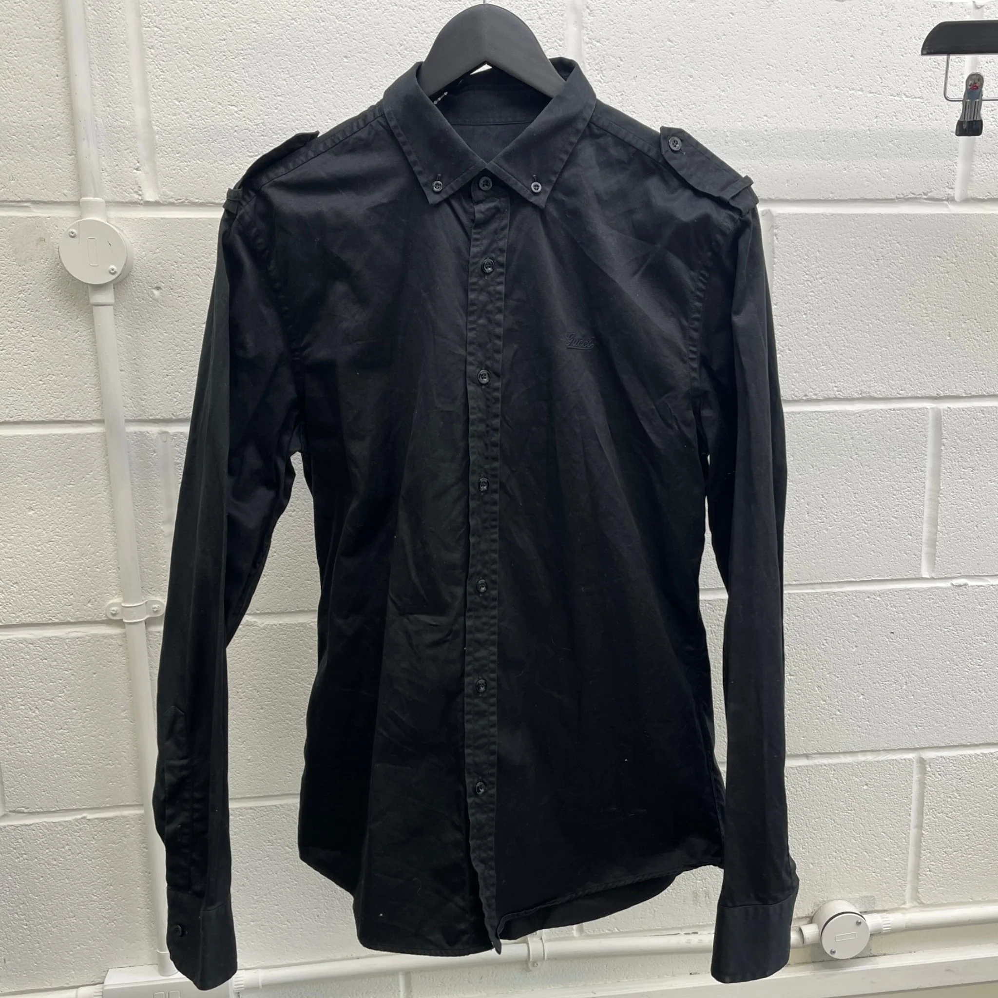 Men's Embroidered Logo Long Sleeve Shirt Black Size L - Image 11