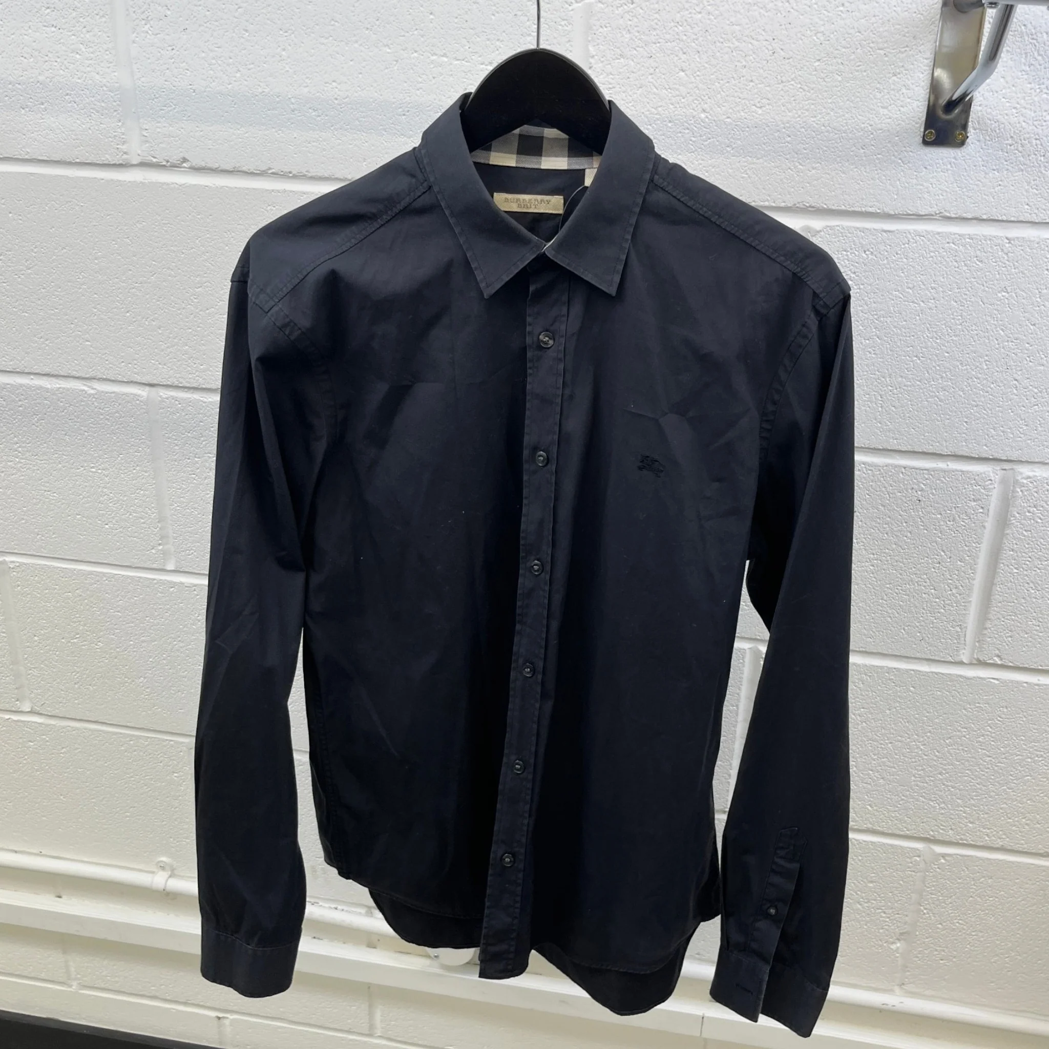 Men's Embroidered Logo Long Sleeve Shirt Black Size L - Image 7