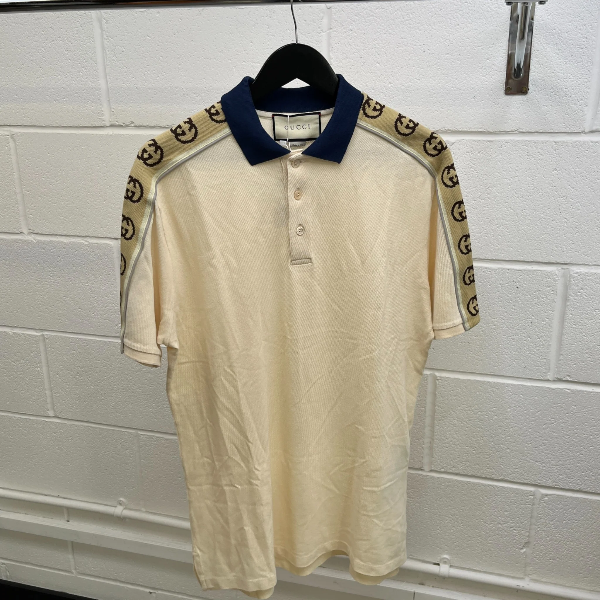 Men's Interlocking G Stripe Polo Shirt Beige Size M - Image 8