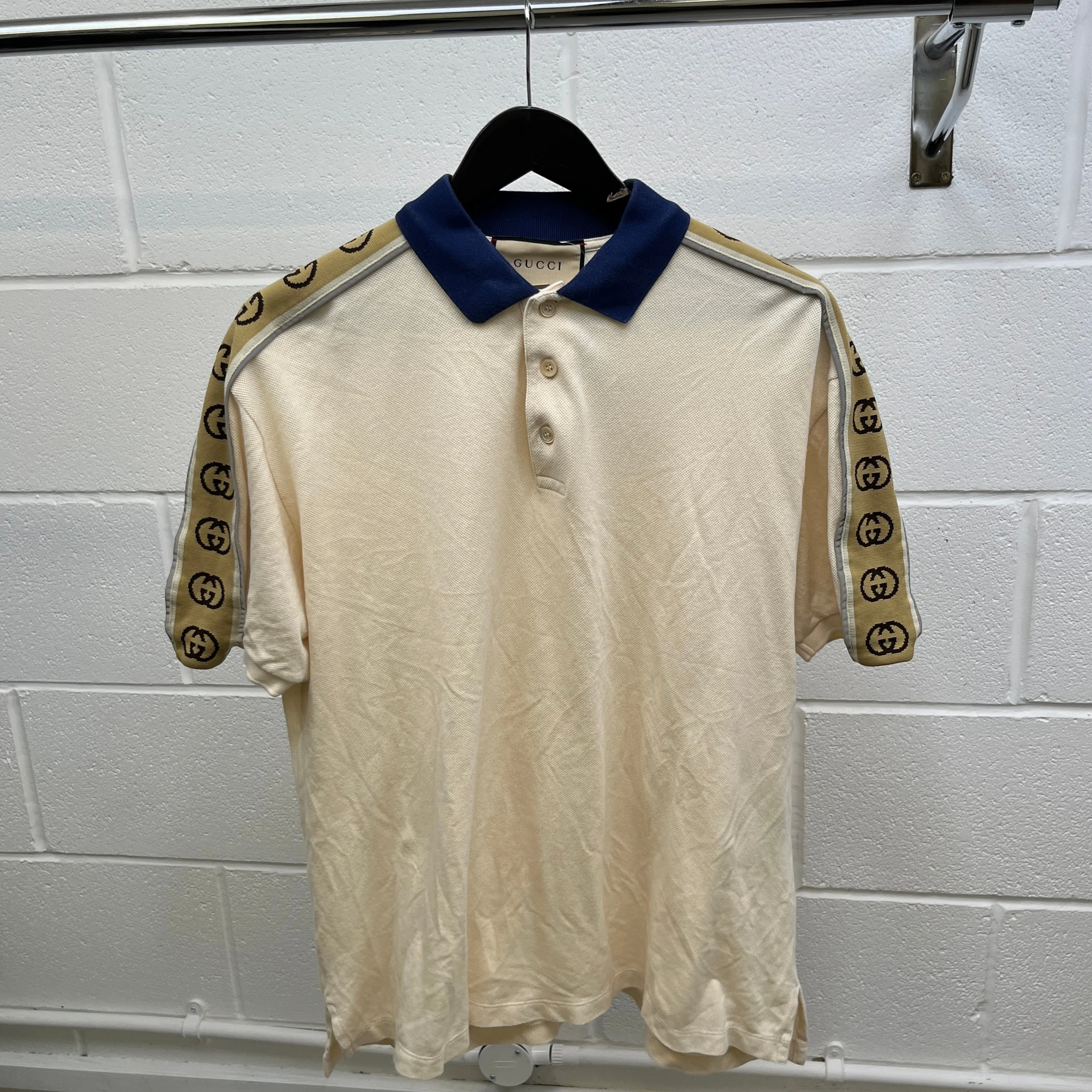 Men's Interlocking G Stripe Polo Shirt Beige Size XXXL - Image 8