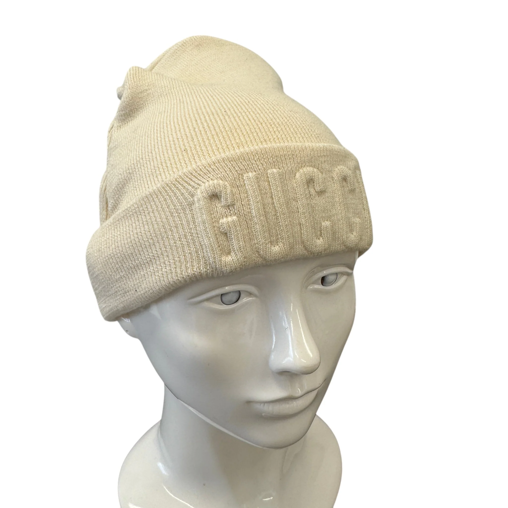 Men's Logo Embossed Beanie Hat Cream - Image 3