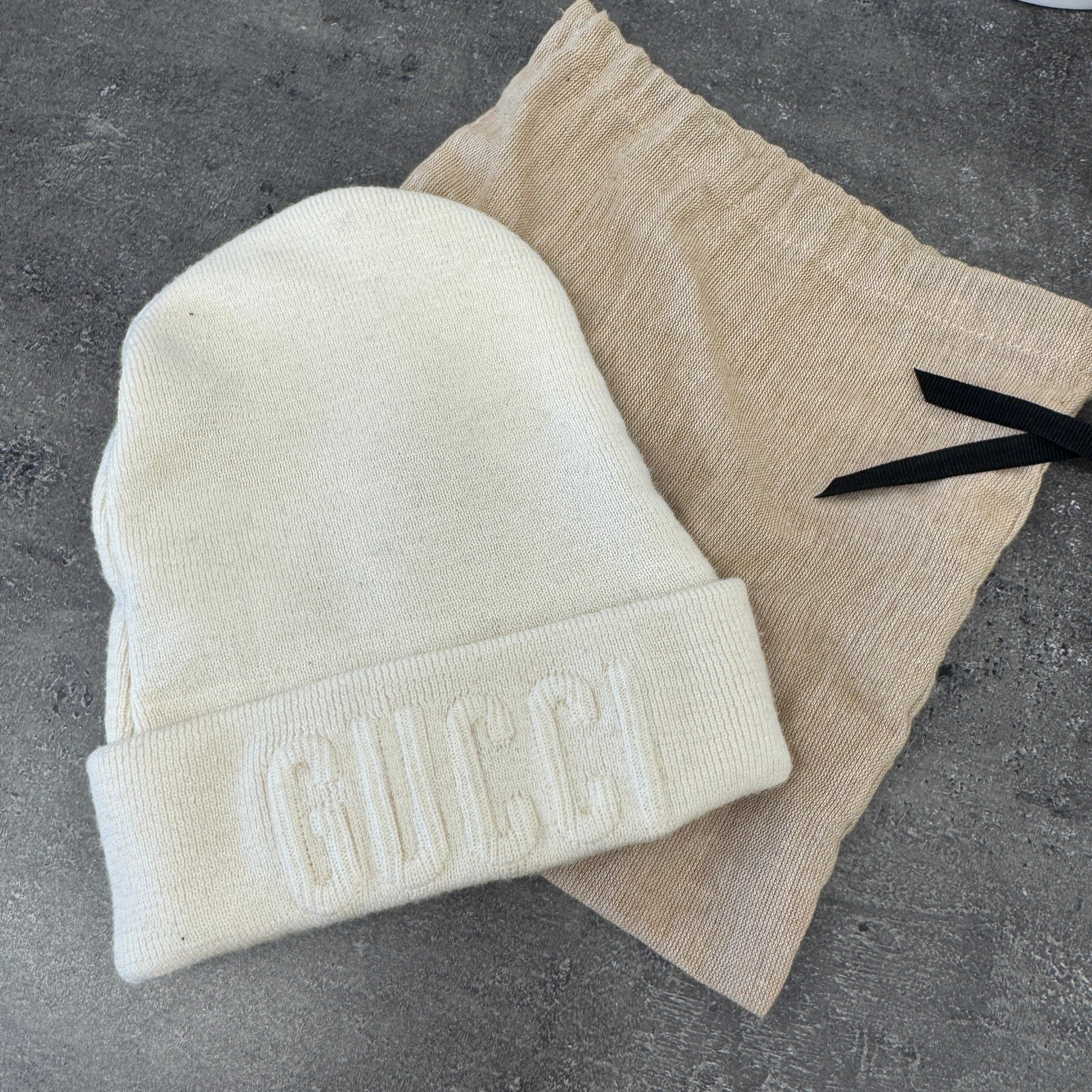 Men's Logo Embossed Beanie Hat Cream - Image 9