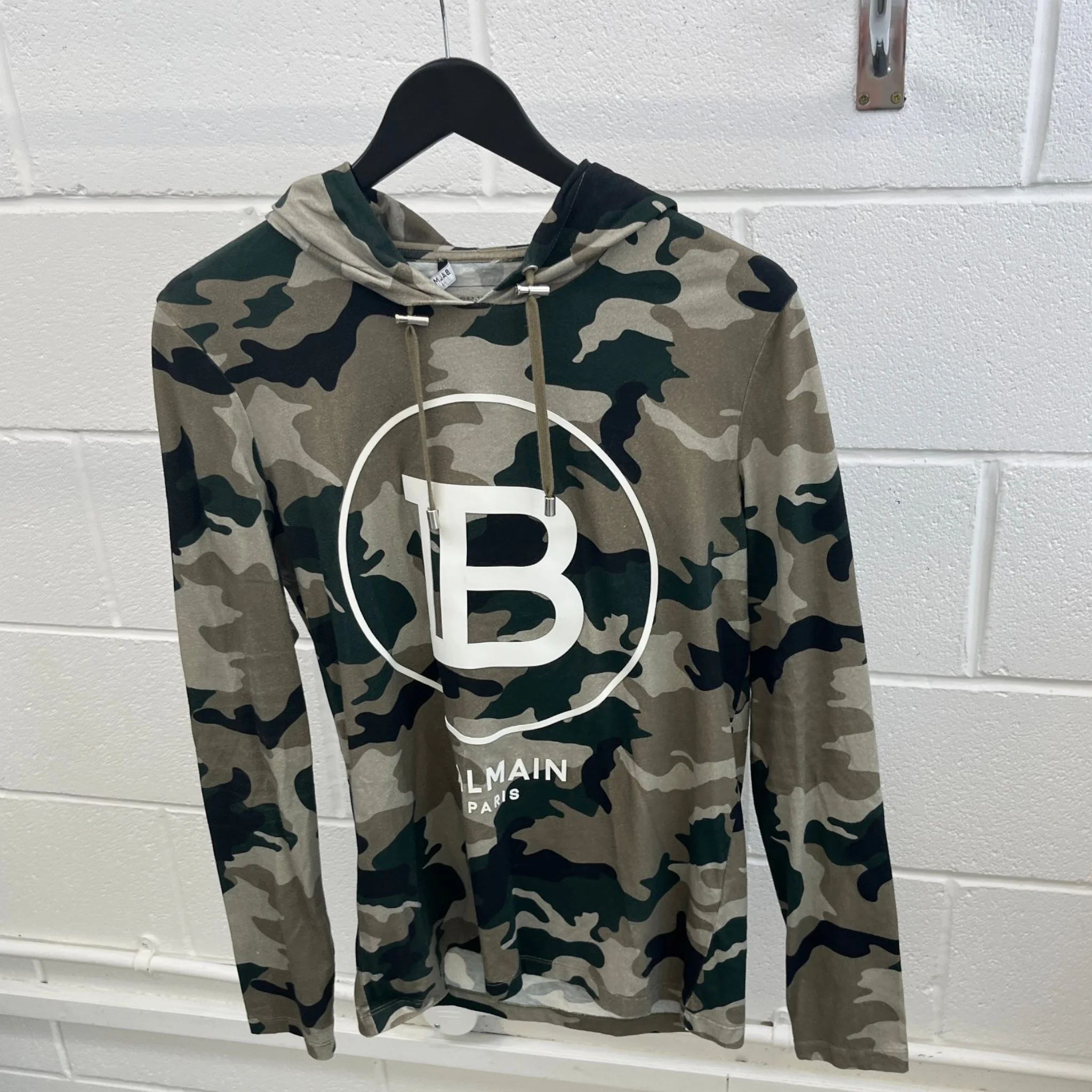 Men's Logo Print Camo Hoodie Khaki Size S - Image 8