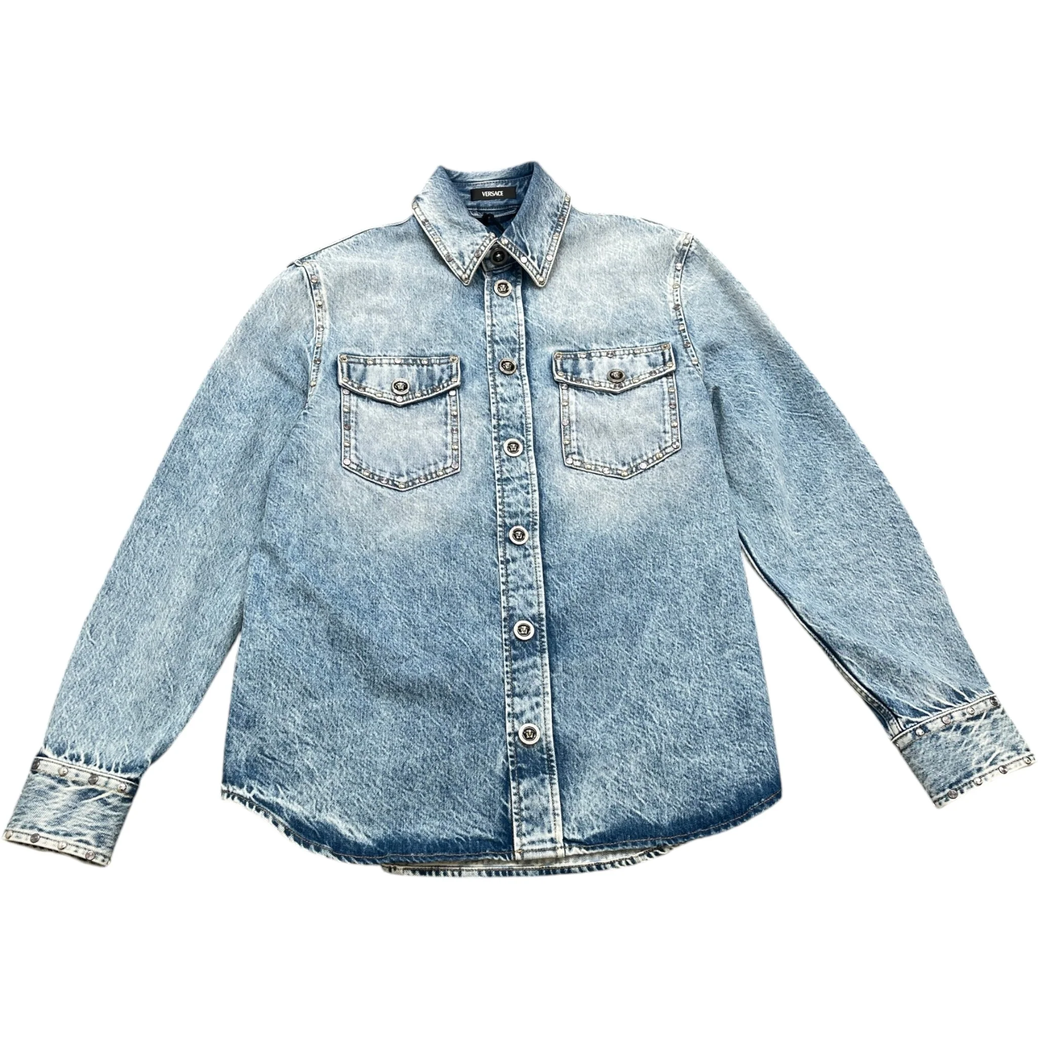 Men's Medusa Head Denim Long Sleeve Shirt Blue Size IT 46 / UK S - Image 6