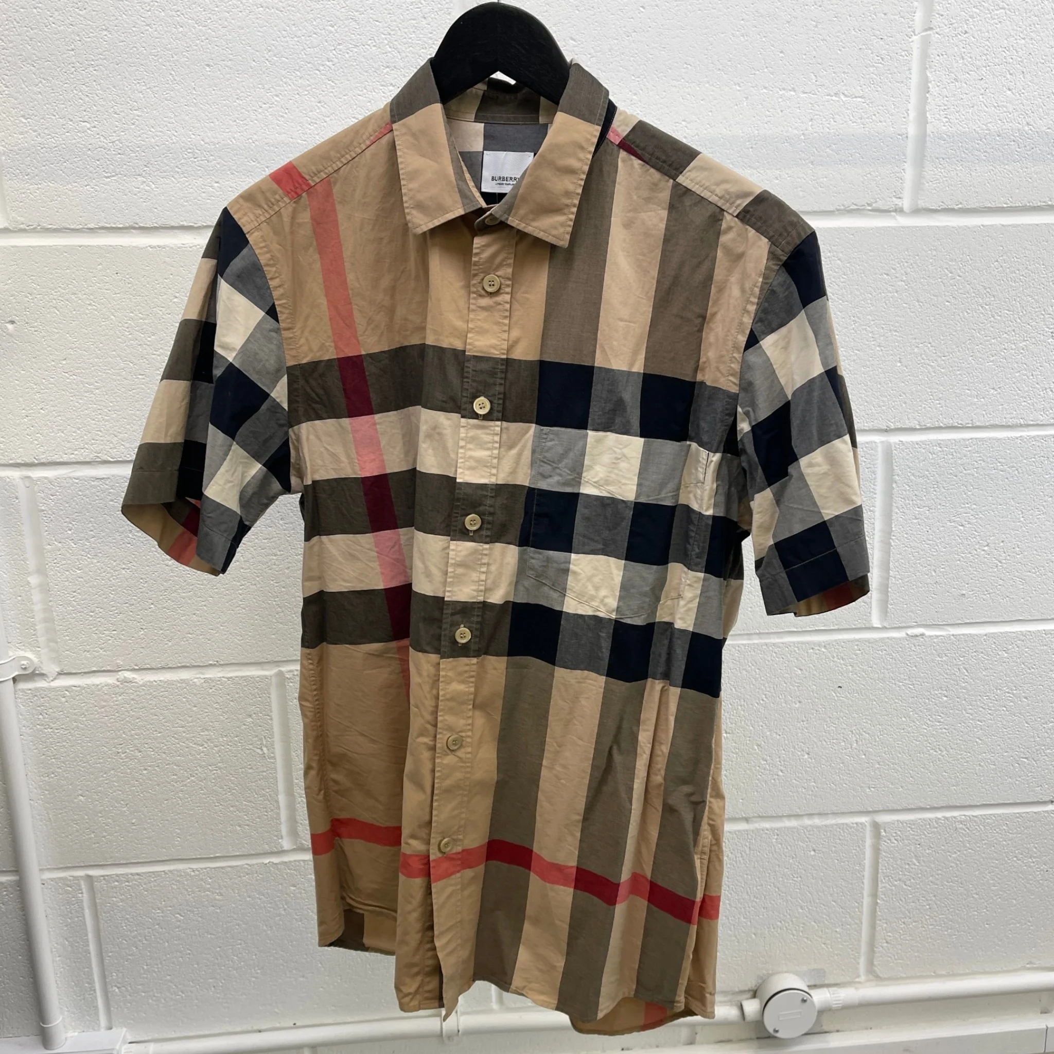 Men's Nova Check Short Sleeve Shirt Beige Size L - Image 8