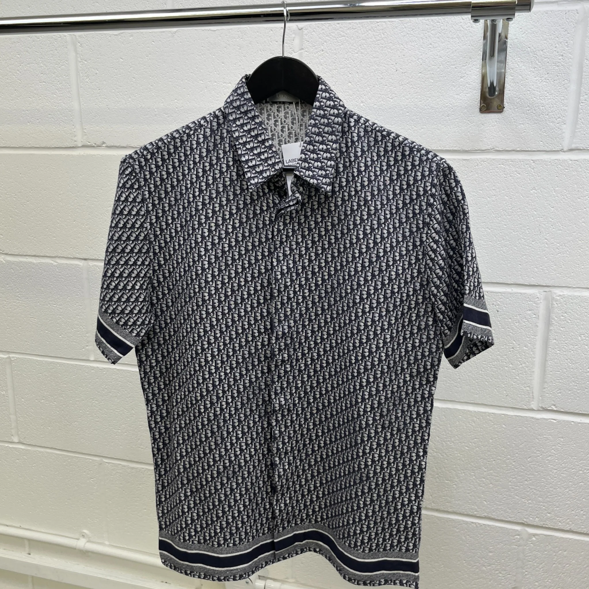 Men's Oblique Monogram Short Sleeve Shirt Navy Size M - Image 8