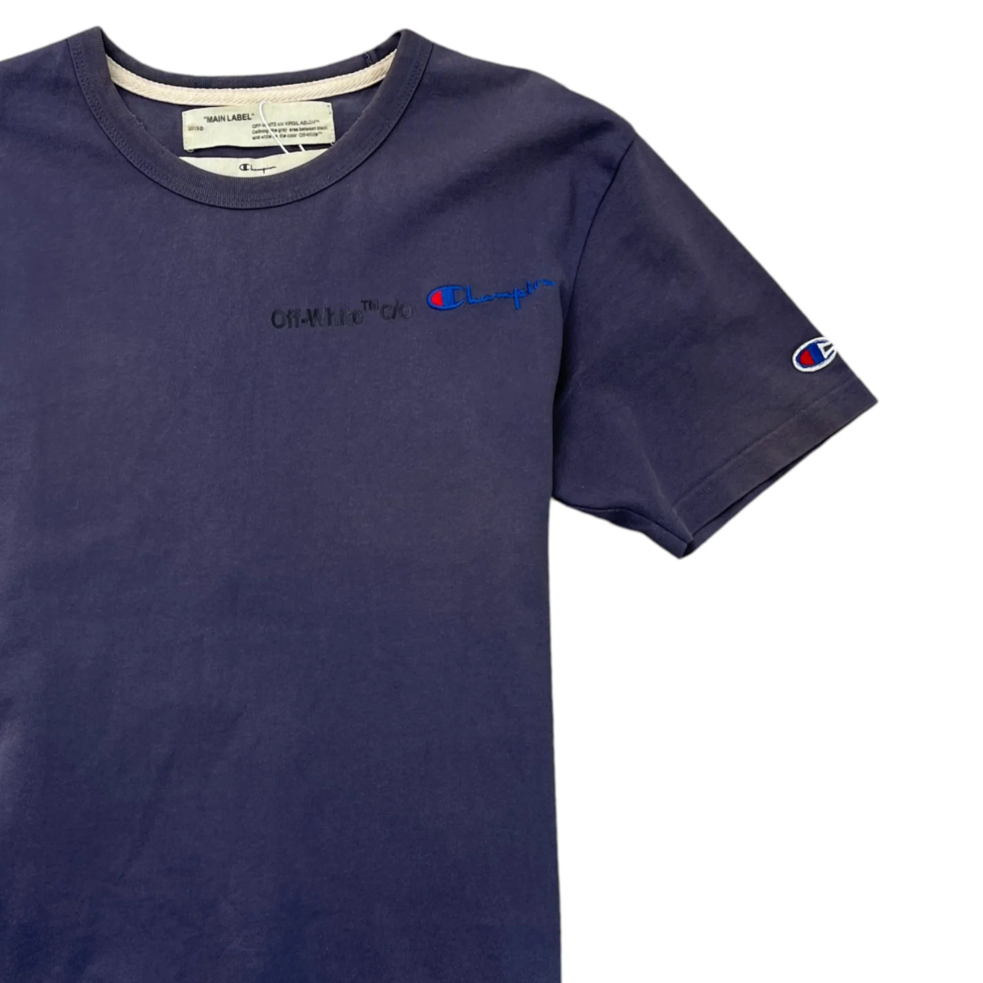 Men's Off White X Champion Logo T-Shirt Navy Size XS - Image 3