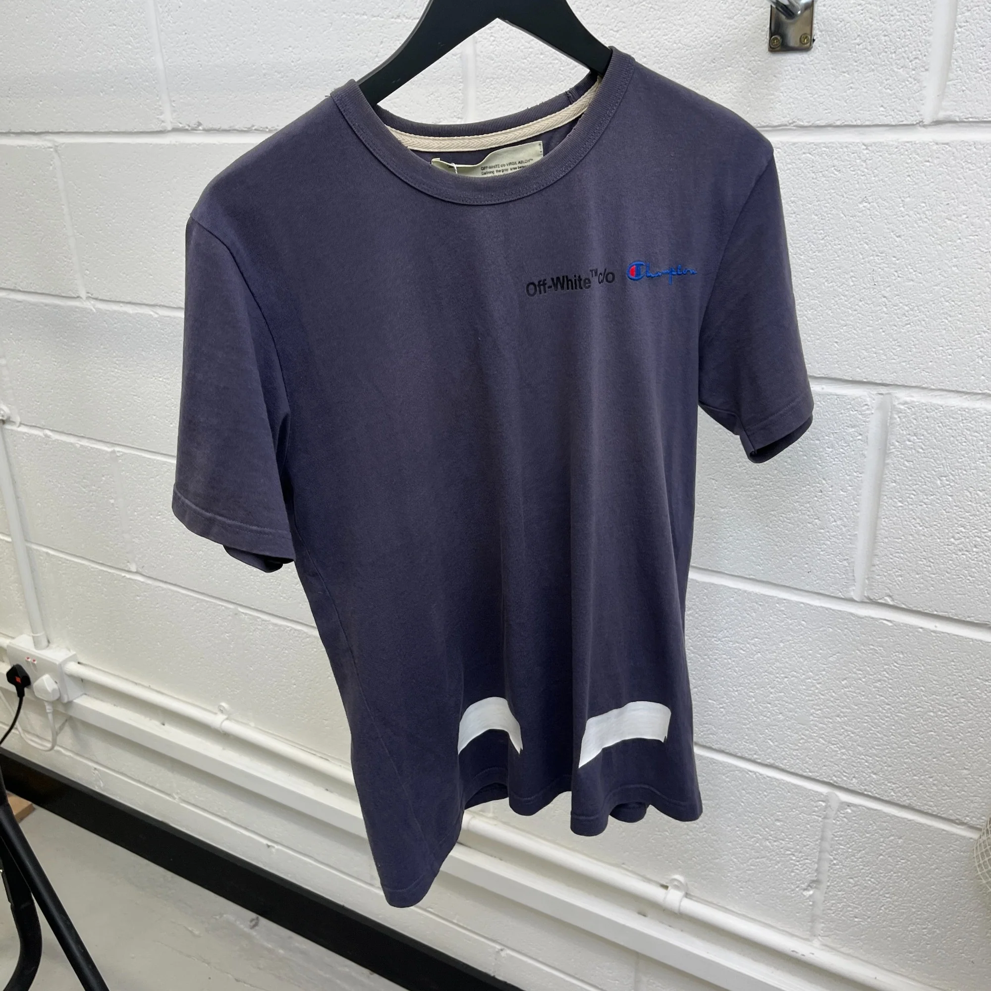 Men's Off White X Champion Logo T-Shirt Navy Size XS - Image 7