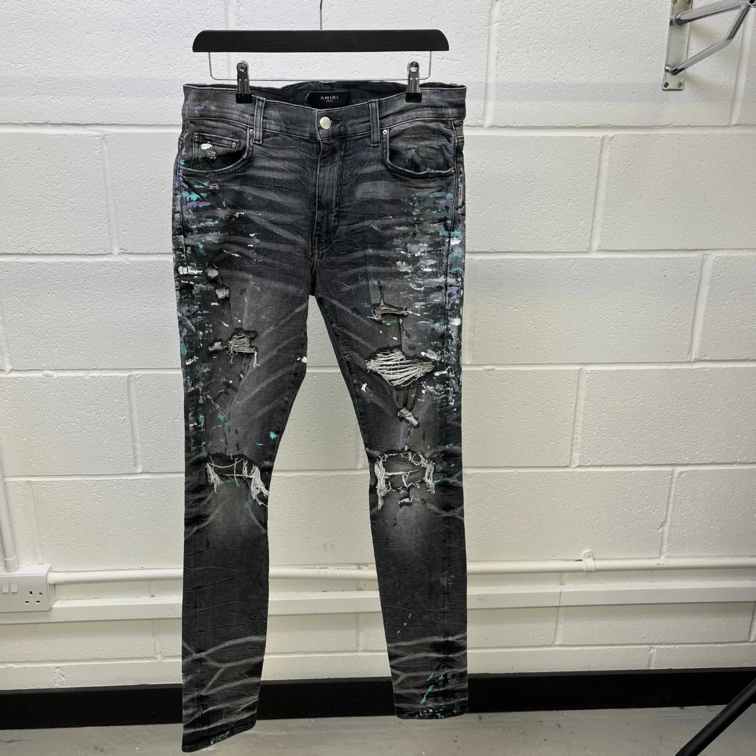 Men's Paint Splatter Distressed Jeans Black Size Waist 32" - Image 13