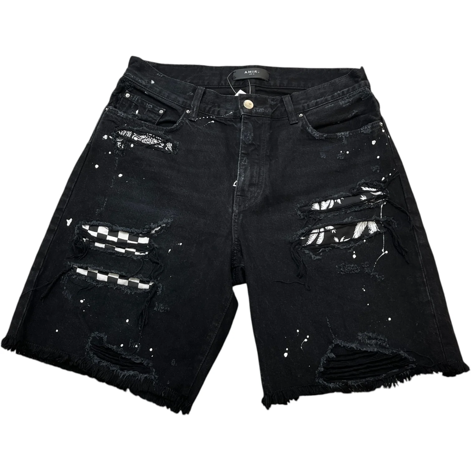 Men's Paint Splatter Patchwork Shorts Black Size Waist 32"