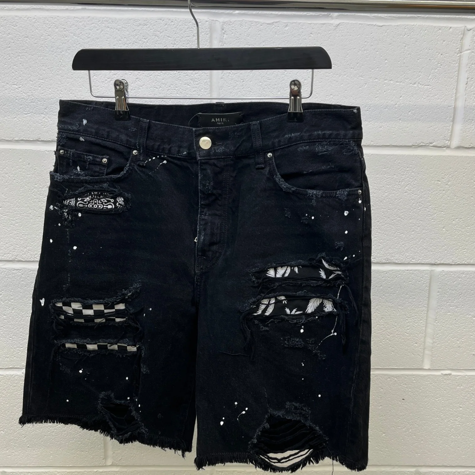 Men's Paint Splatter Patchwork Shorts Black Size Waist 32" - Image 12