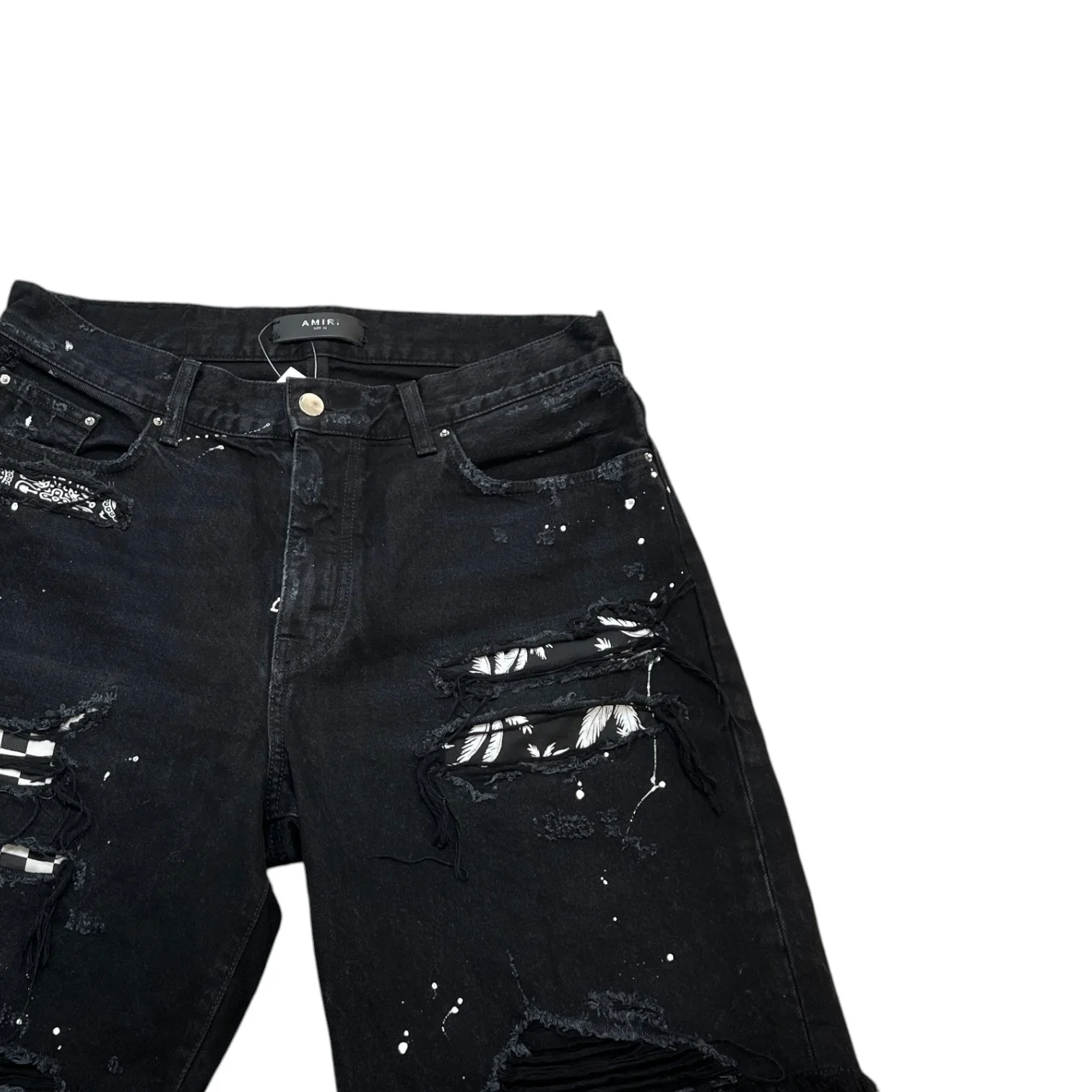 Men's Paint Splatter Patchwork Shorts Black Size Waist 32" - Image 3