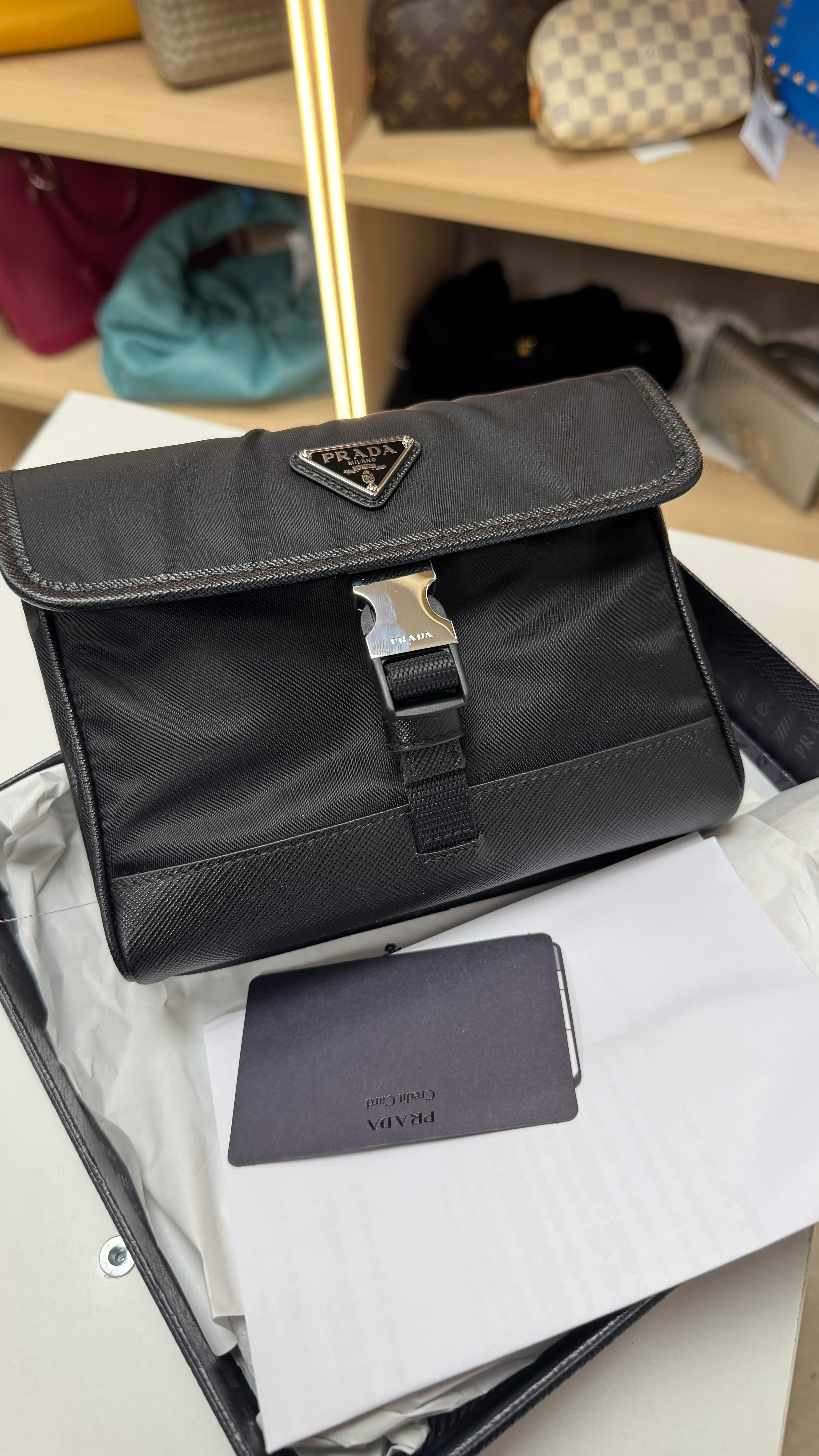 Men's Re-Nylon Saffiano Smartphone Case Bag Black - Image 12