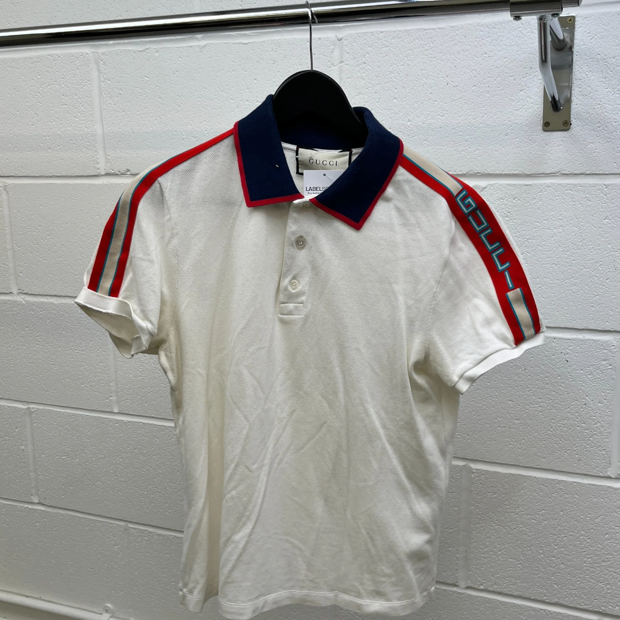 Men's Tape Logo Polo Shirt White Size M - Image 8