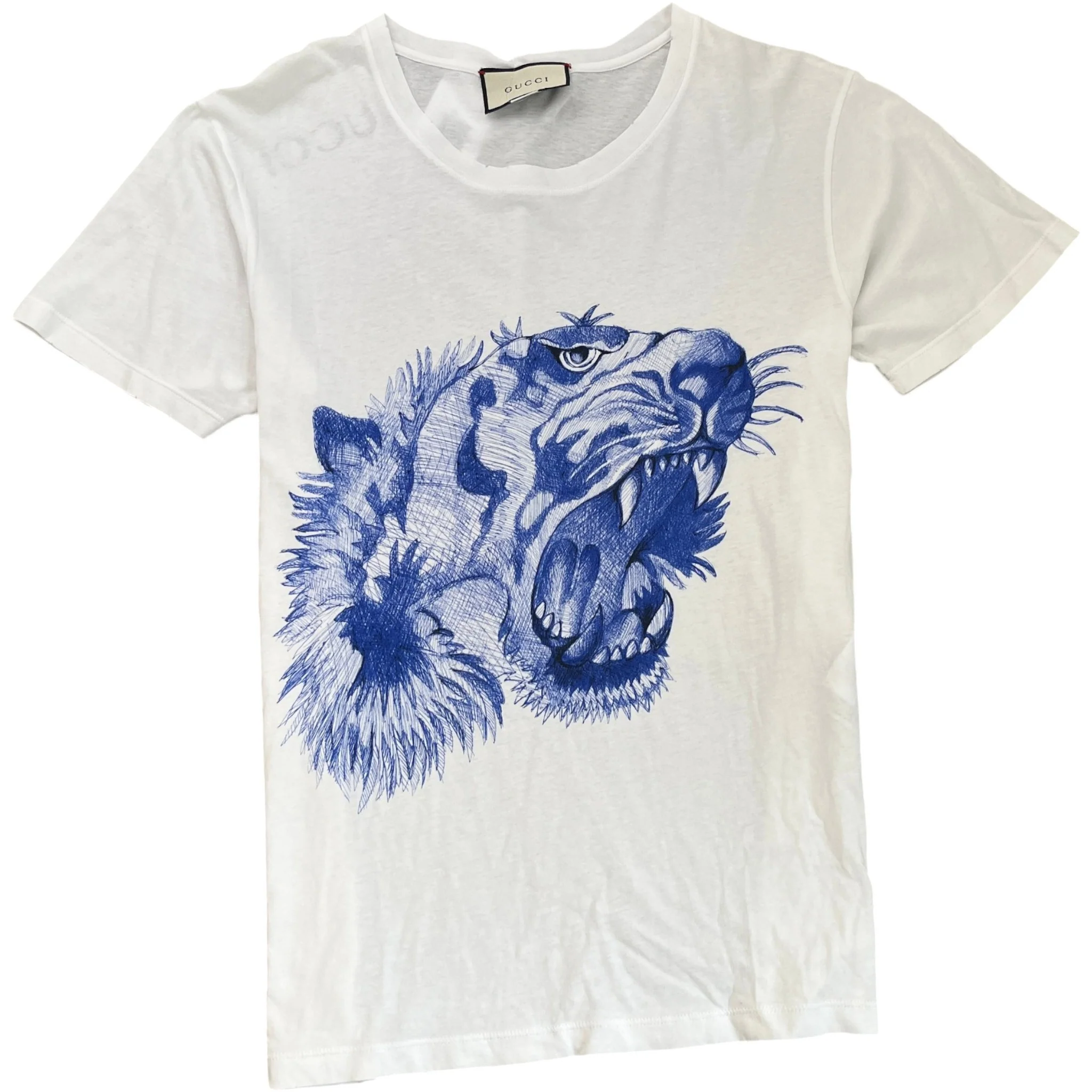 Men's Tiger Print Distressed T-Shirt White Size M