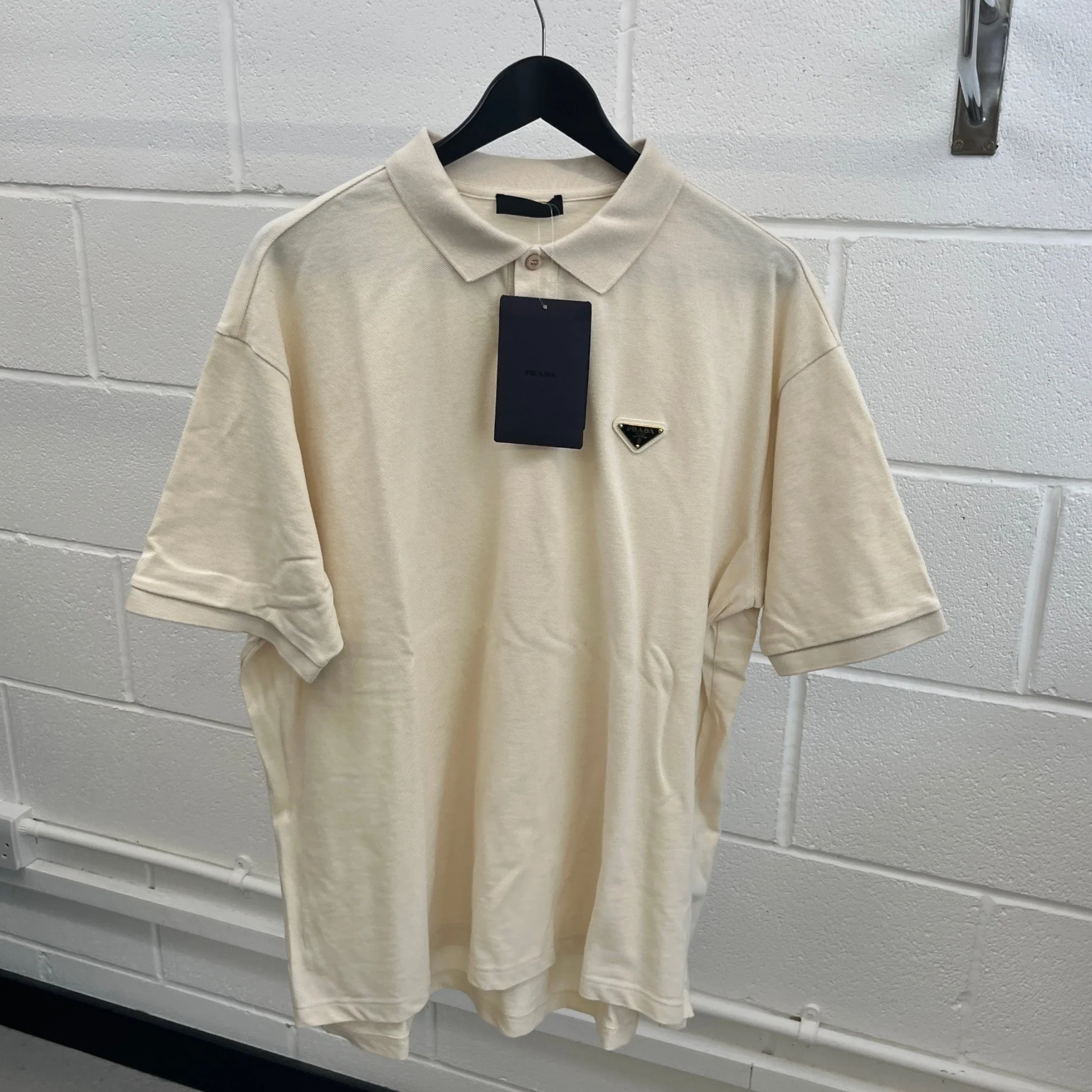 Men's Triangle Logo Piqué Polo Shirt Beige Size L - Image 10