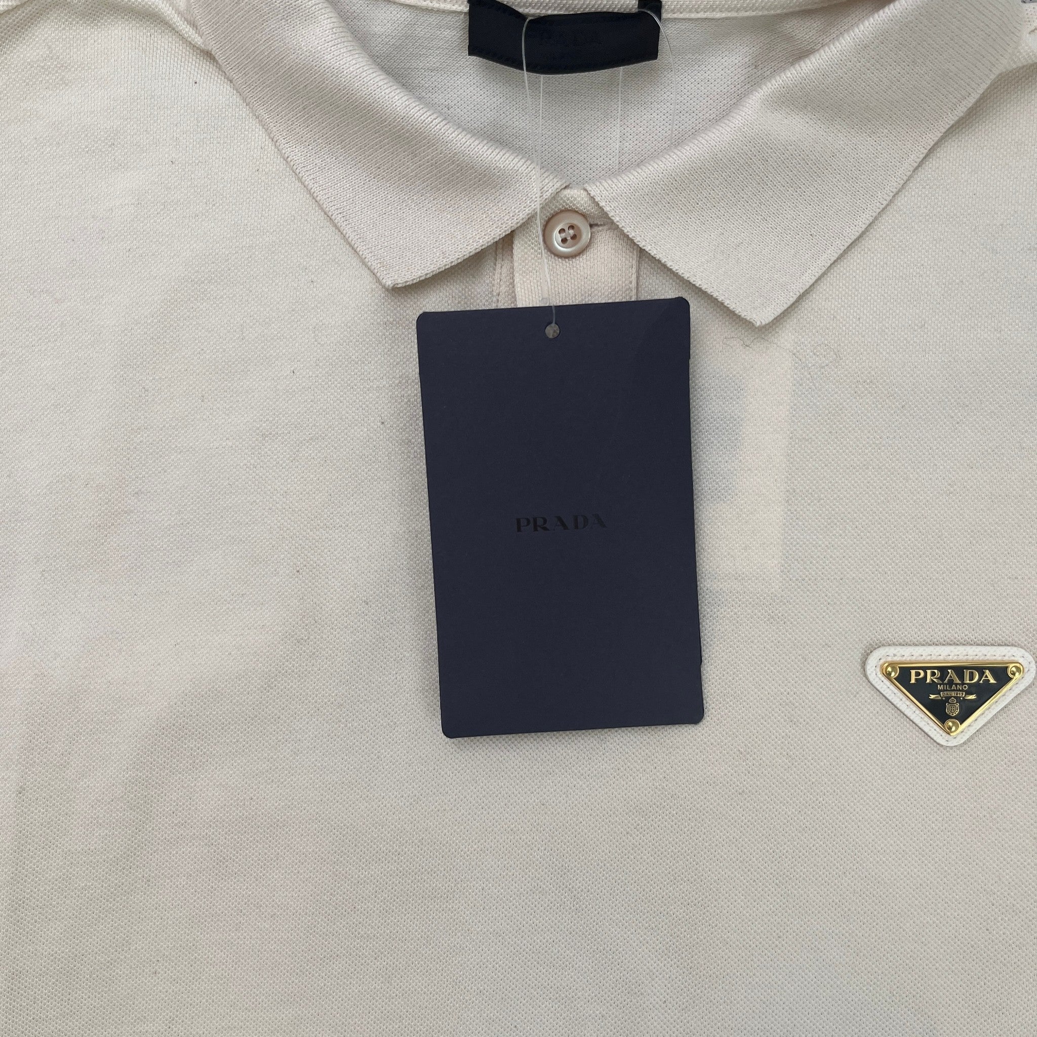 Men's Triangle Logo Piqué Polo Shirt Beige Size L - Image 6