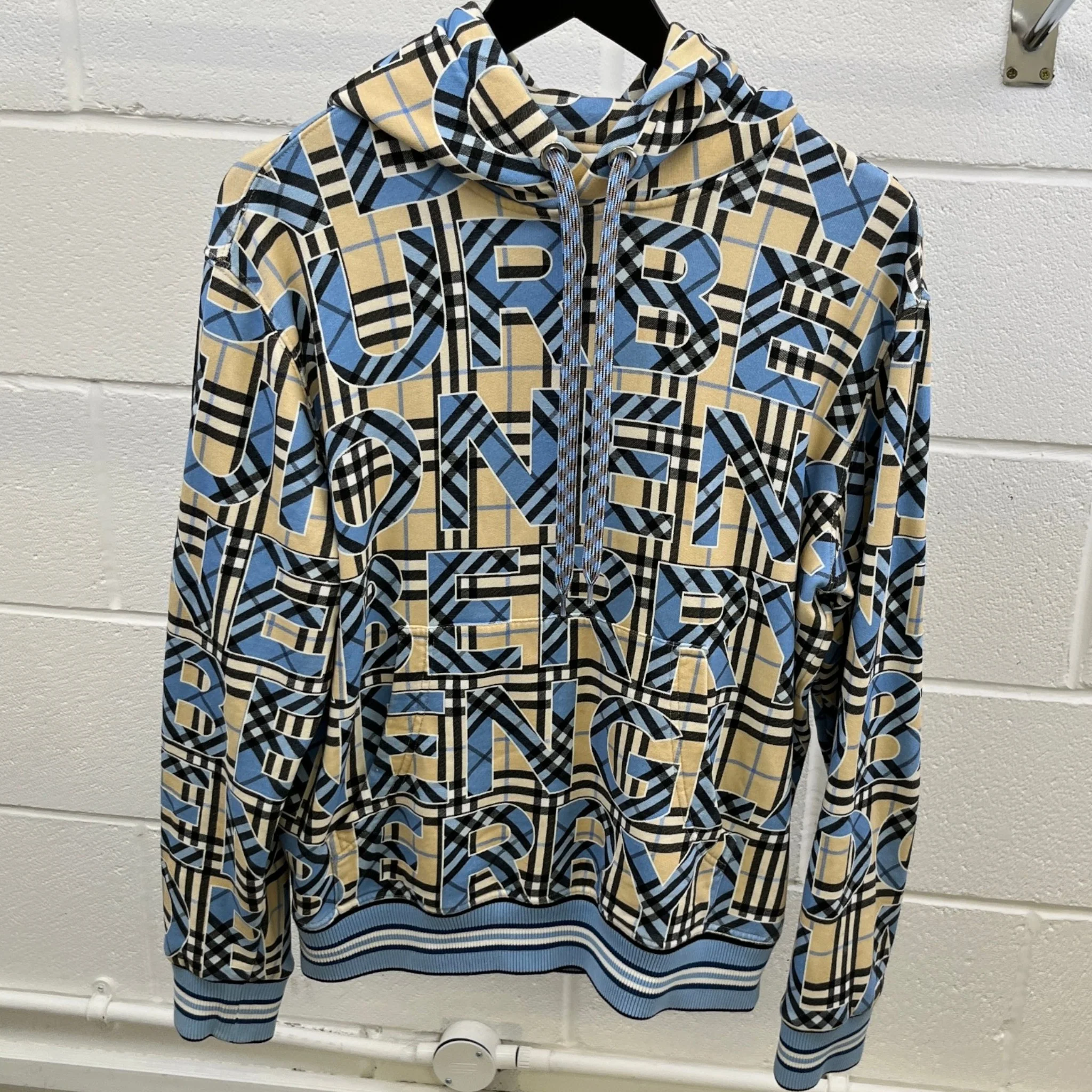 Men's Vintage Check Logo Print Hoodie Blue Size M - Image 8