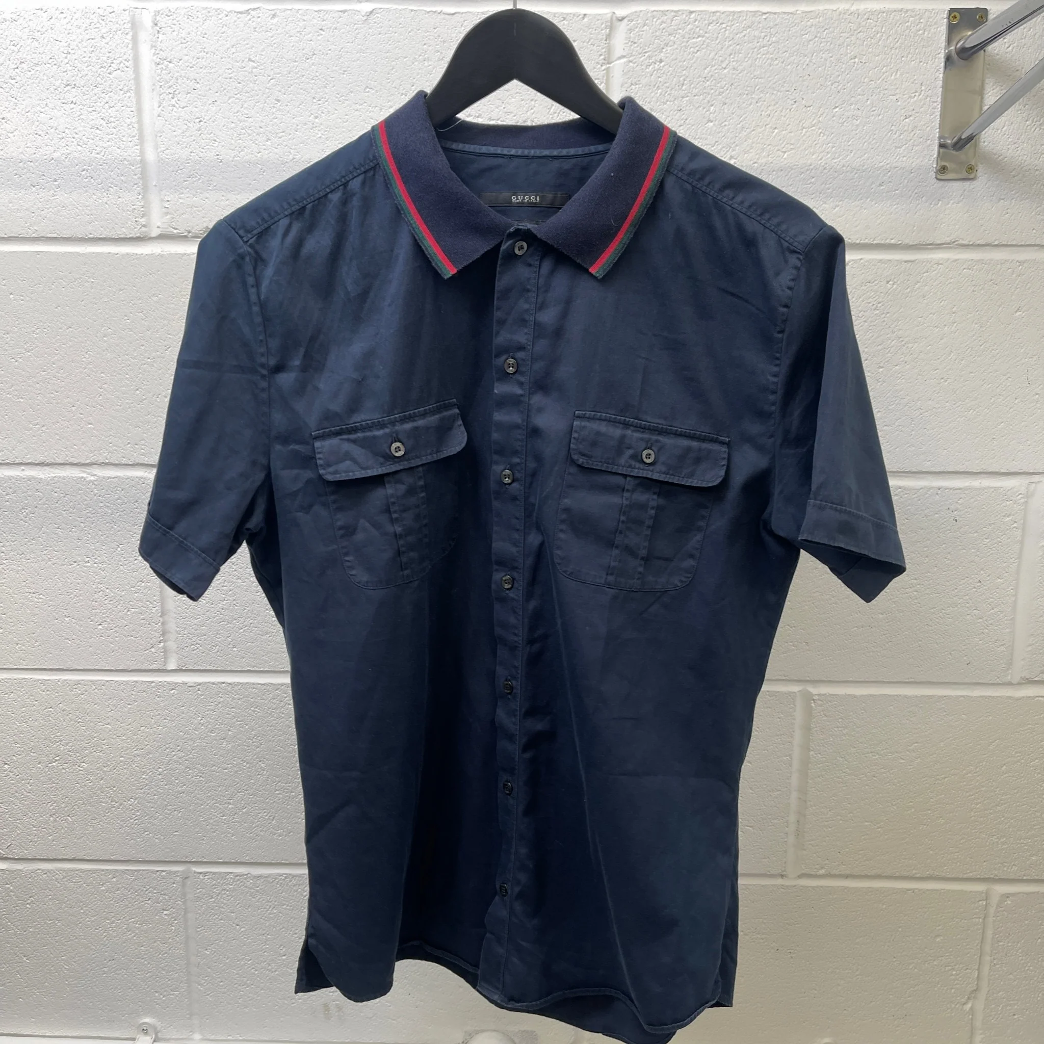 Men's Web Stripe Collar Short Sleeve Shirt Navy Size L - Image 10