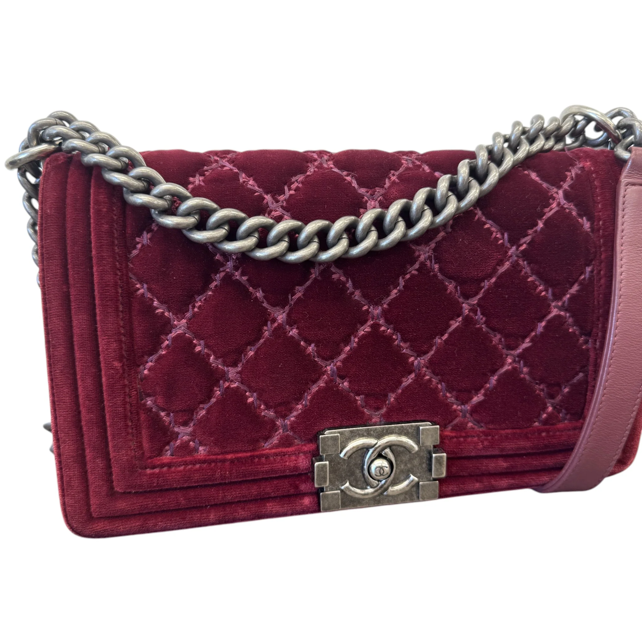 Women's Boy Medium Velvet Bag Burgundy - Image 3