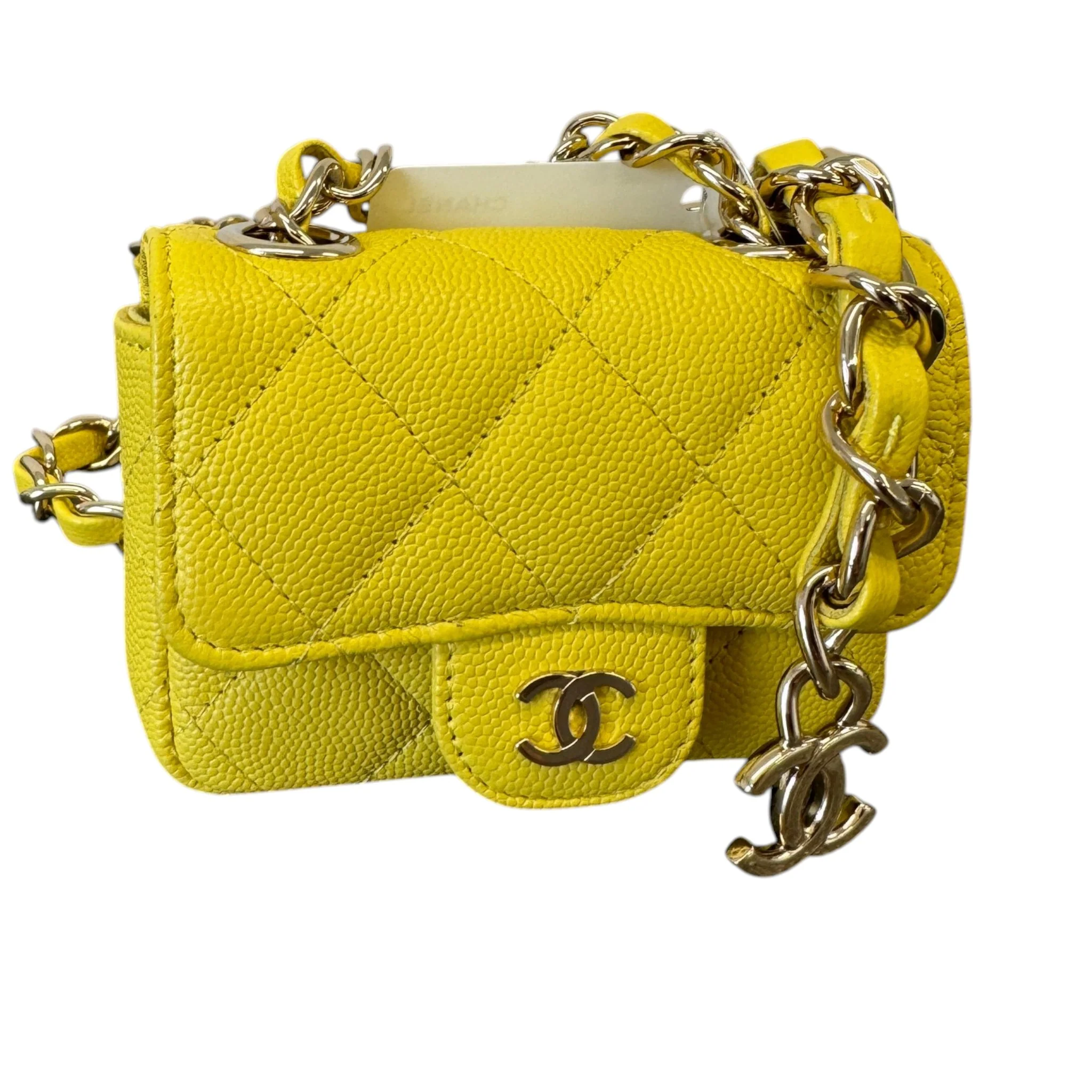 Women's Caviar Quilted Mini Chain Belt Bag Yellow - Image 3