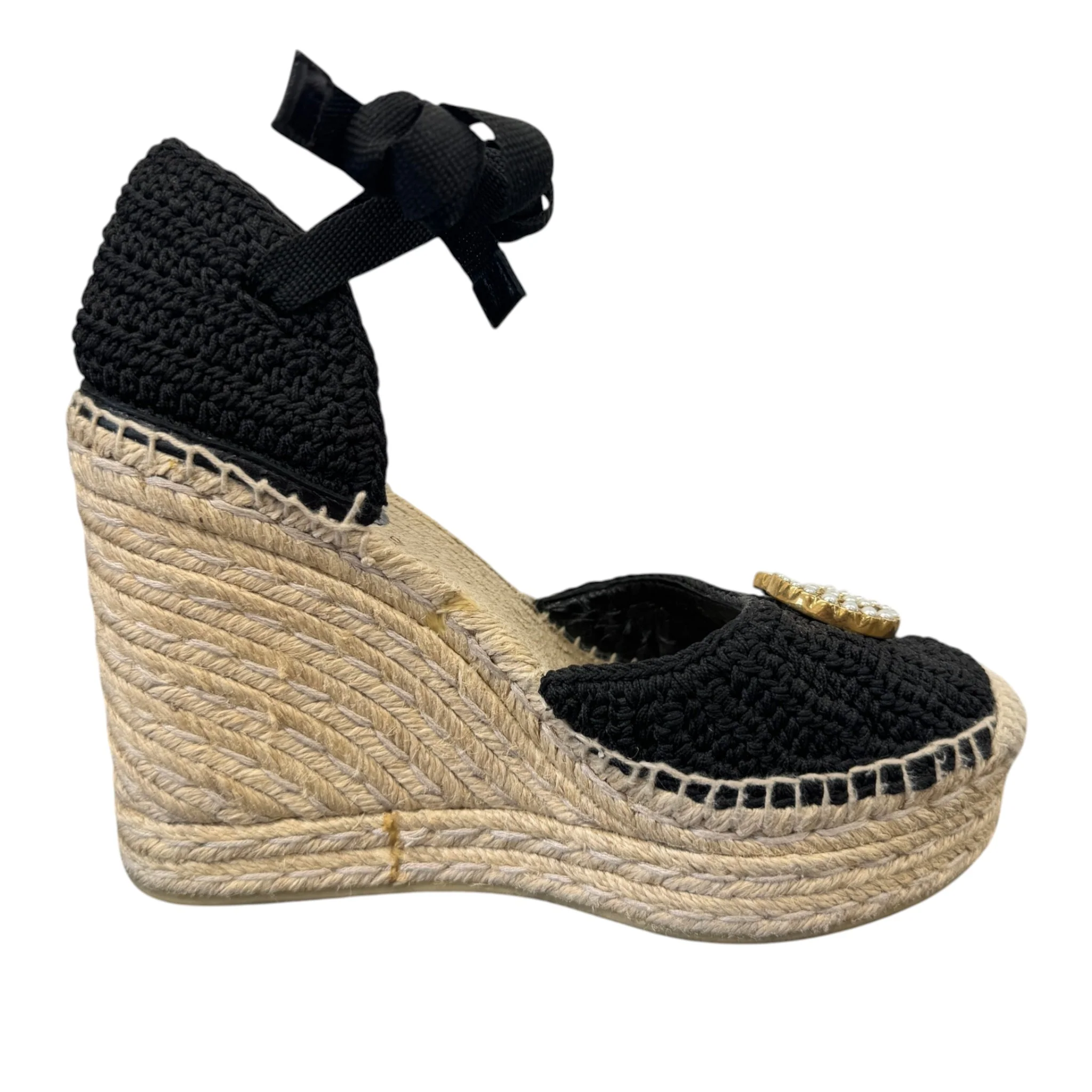 Women's Crochet Lilibeth Logo Embellished Platform Wedge Espadrilles Black Size EU 36 / UK 3
