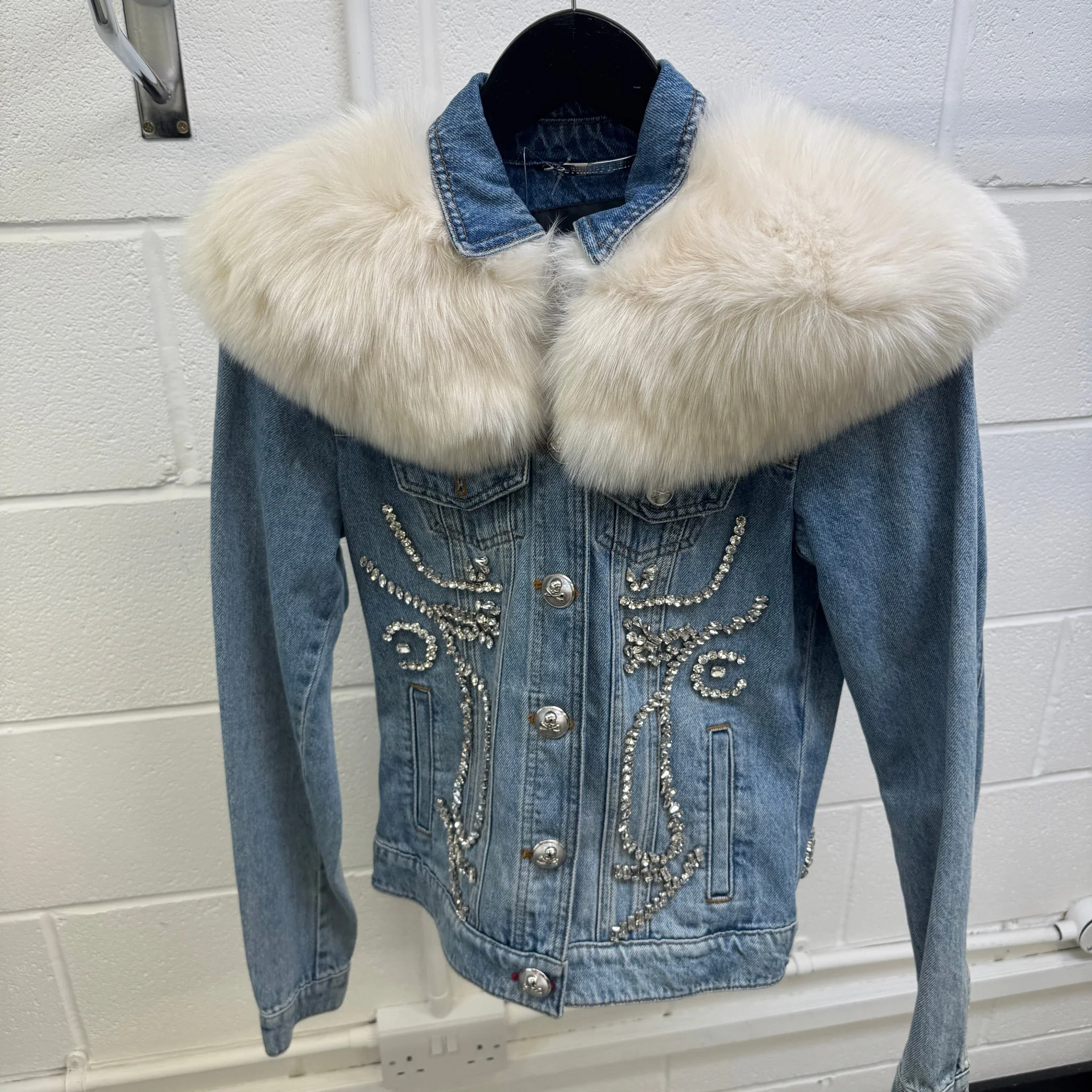Women's Crystal Embellished Detachable Fur Collar Jacket Blue Size S - Image 12