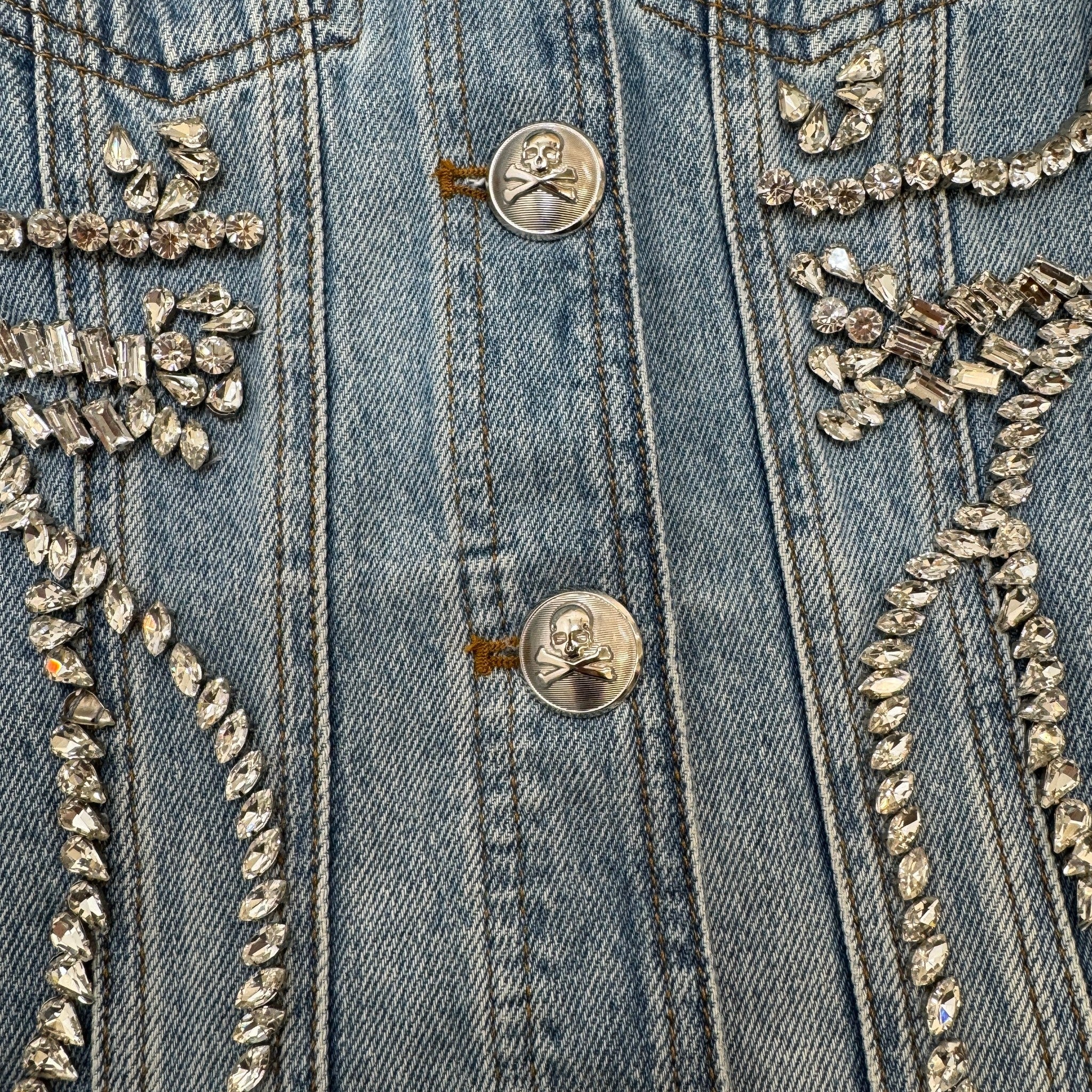 Women's Crystal Embellished Detachable Fur Collar Jacket Blue Size S - Image 6